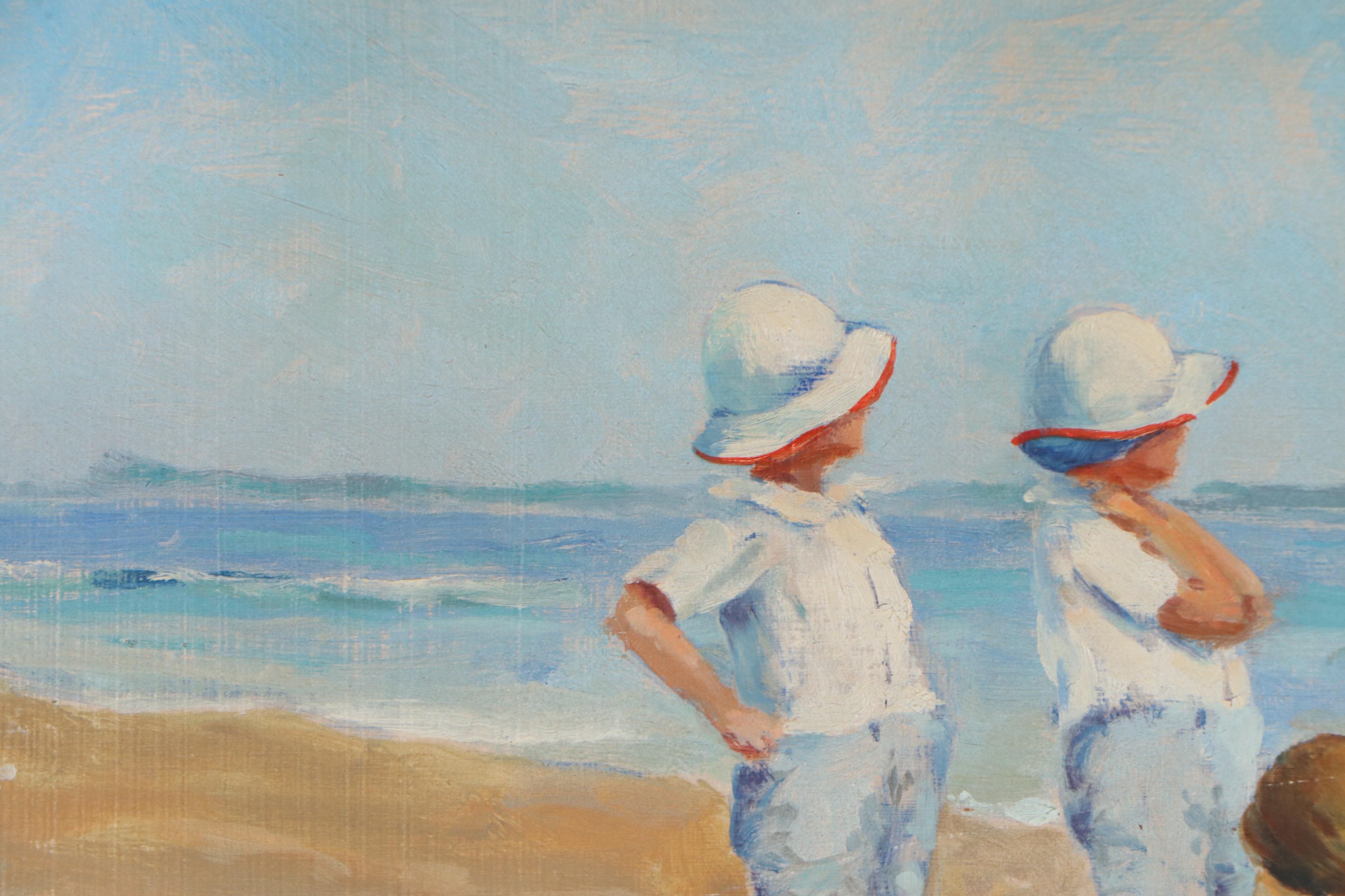 Roberta B. Seger Oil Painting of Children on Beach, 1992