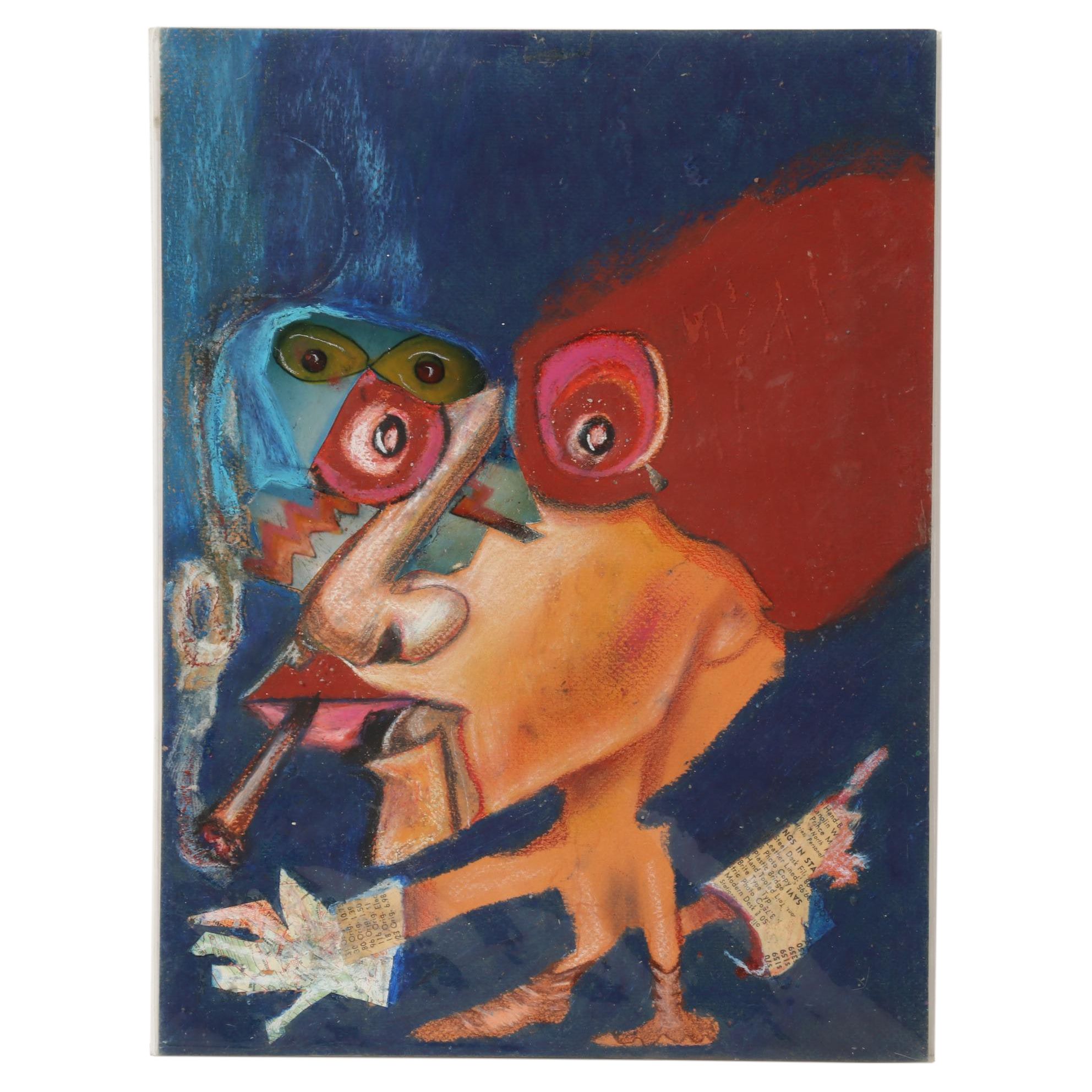 Janice Schuler Mixed Media Drawing of Abstract Figure Smoking Cigarette