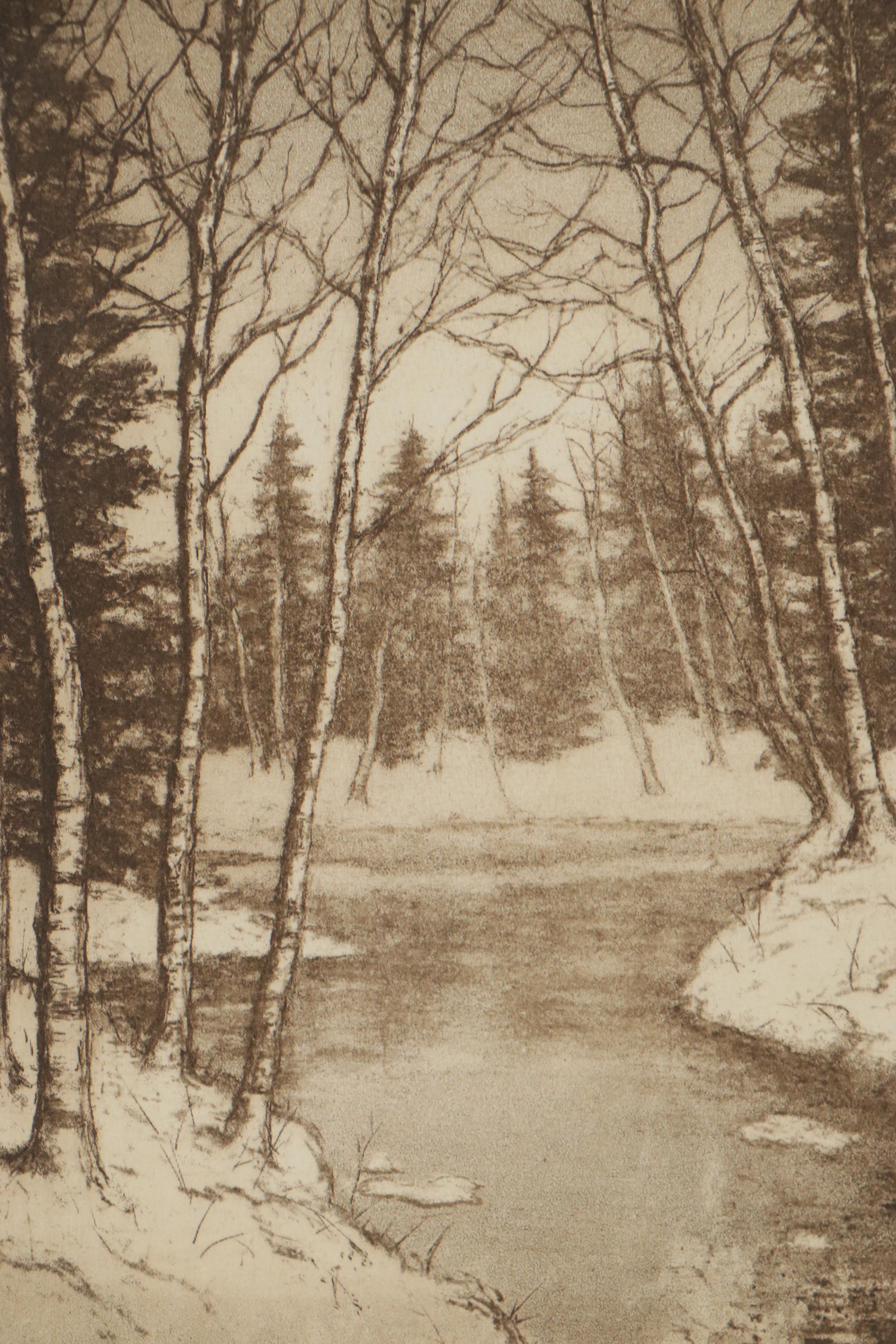 Edward T. Hurley Aquatint and Mezzotint "Pines and Birches," Early 20th Century