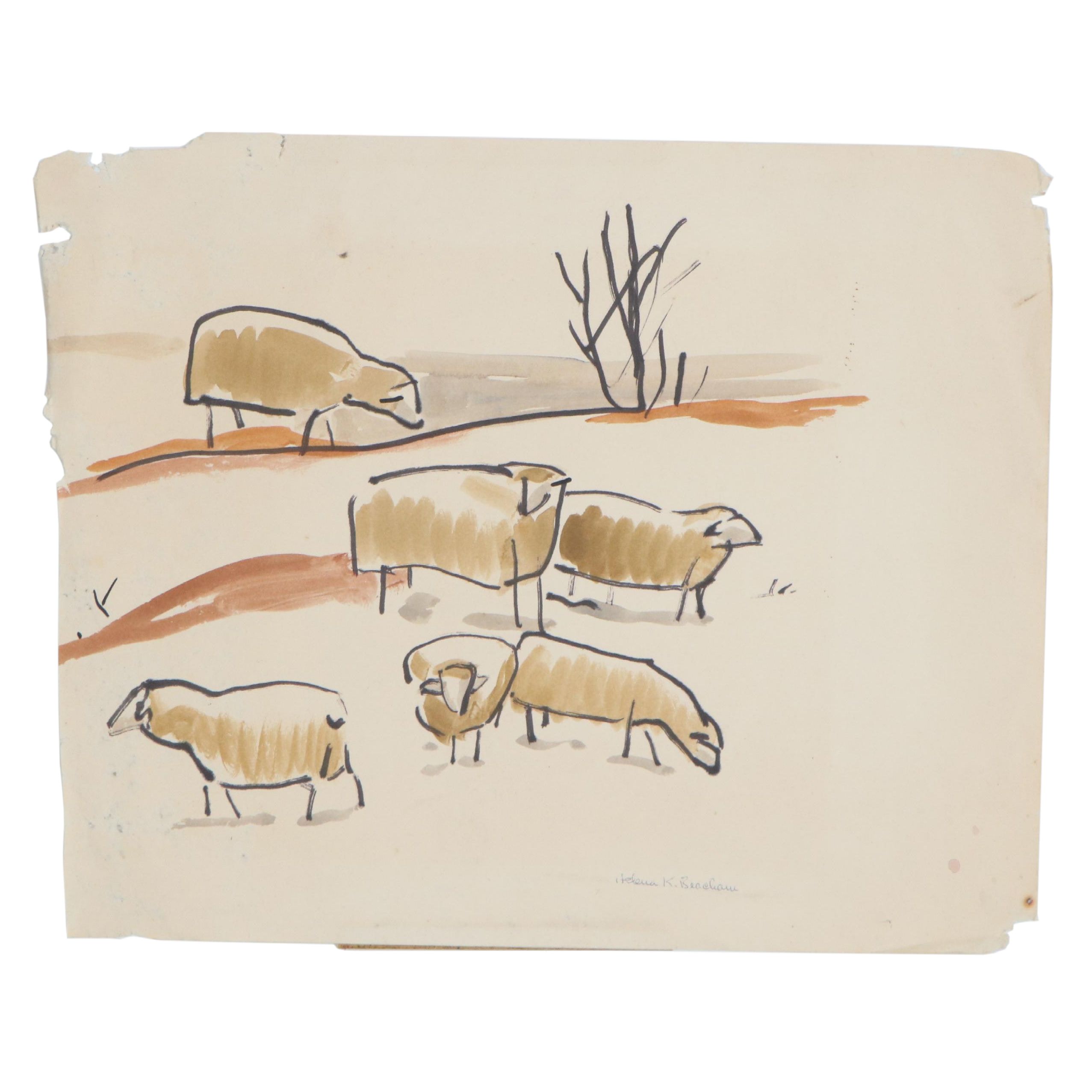 Helena K. Beacham Watercolor Painting of Sheep, Late 20th Century