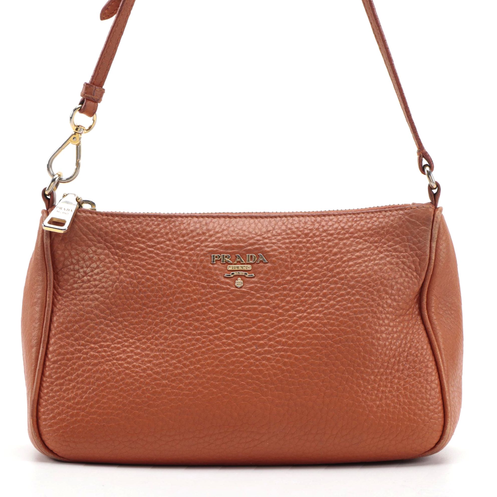 Prada Daino Leather Zip Top Shoulder Bag in Rust