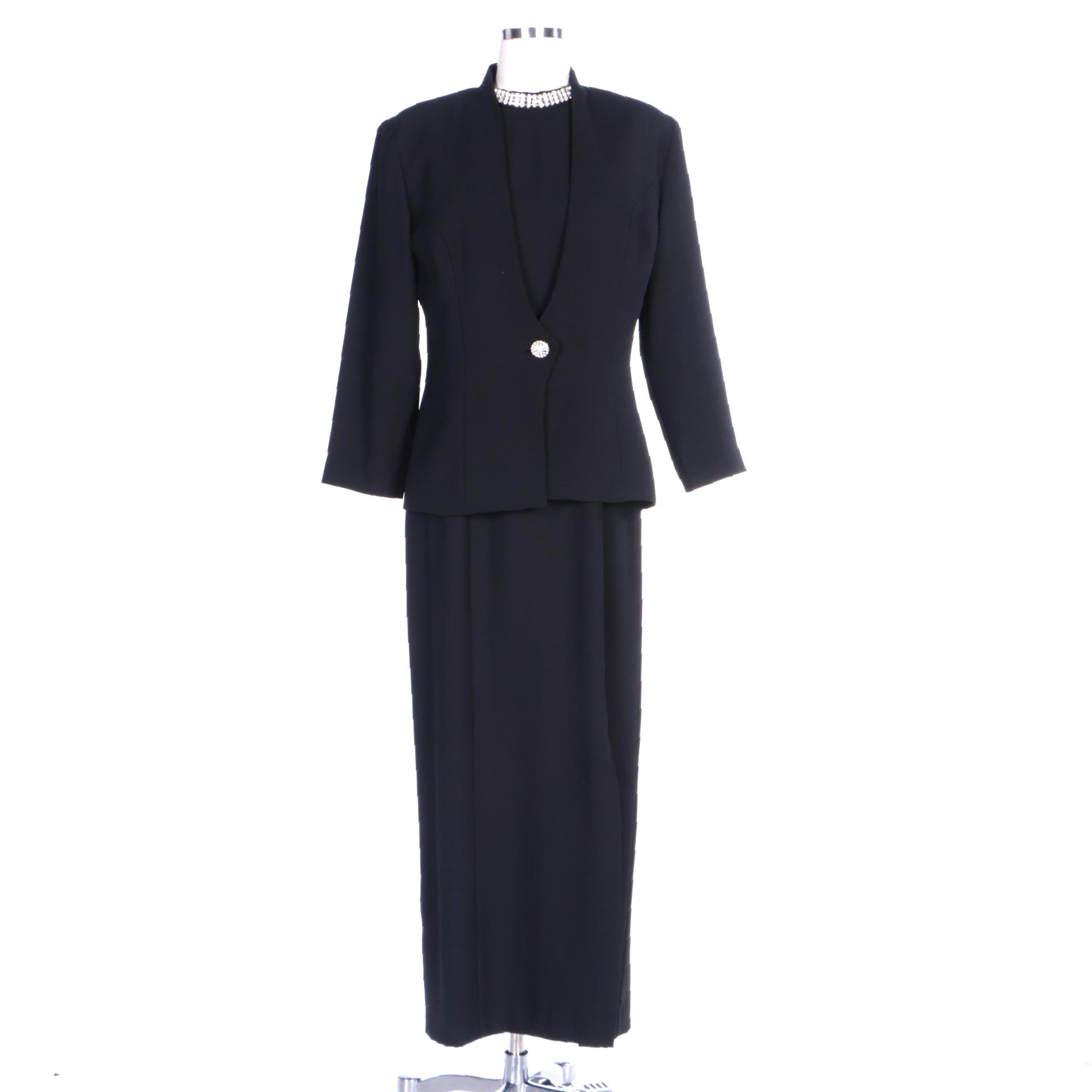Karen Miller New York Black Dress Suit with Embellished Collar and Button
