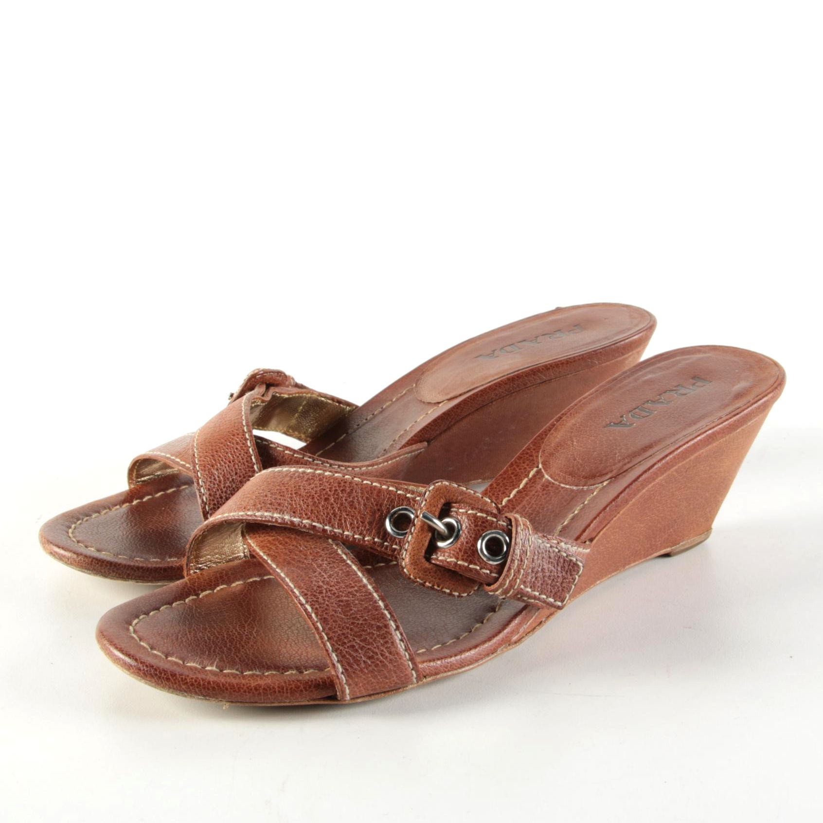 Prada Sughero Cognac Brown Grained Leather Buckle Wedge Sandals