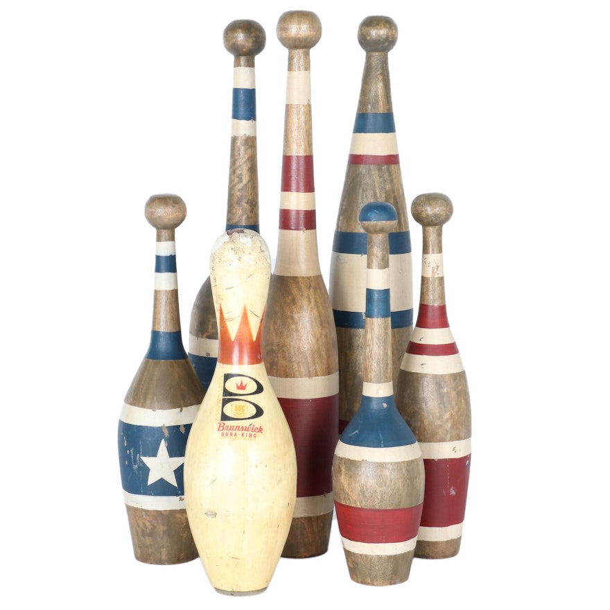 Vintage Juggling and Bowling Pin Collection, Including Brunswick Dura-King