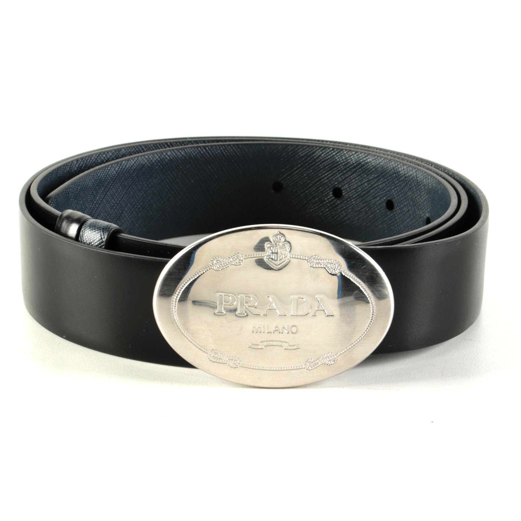 Prada Black Leather Belt with Oval Belt Buckle
