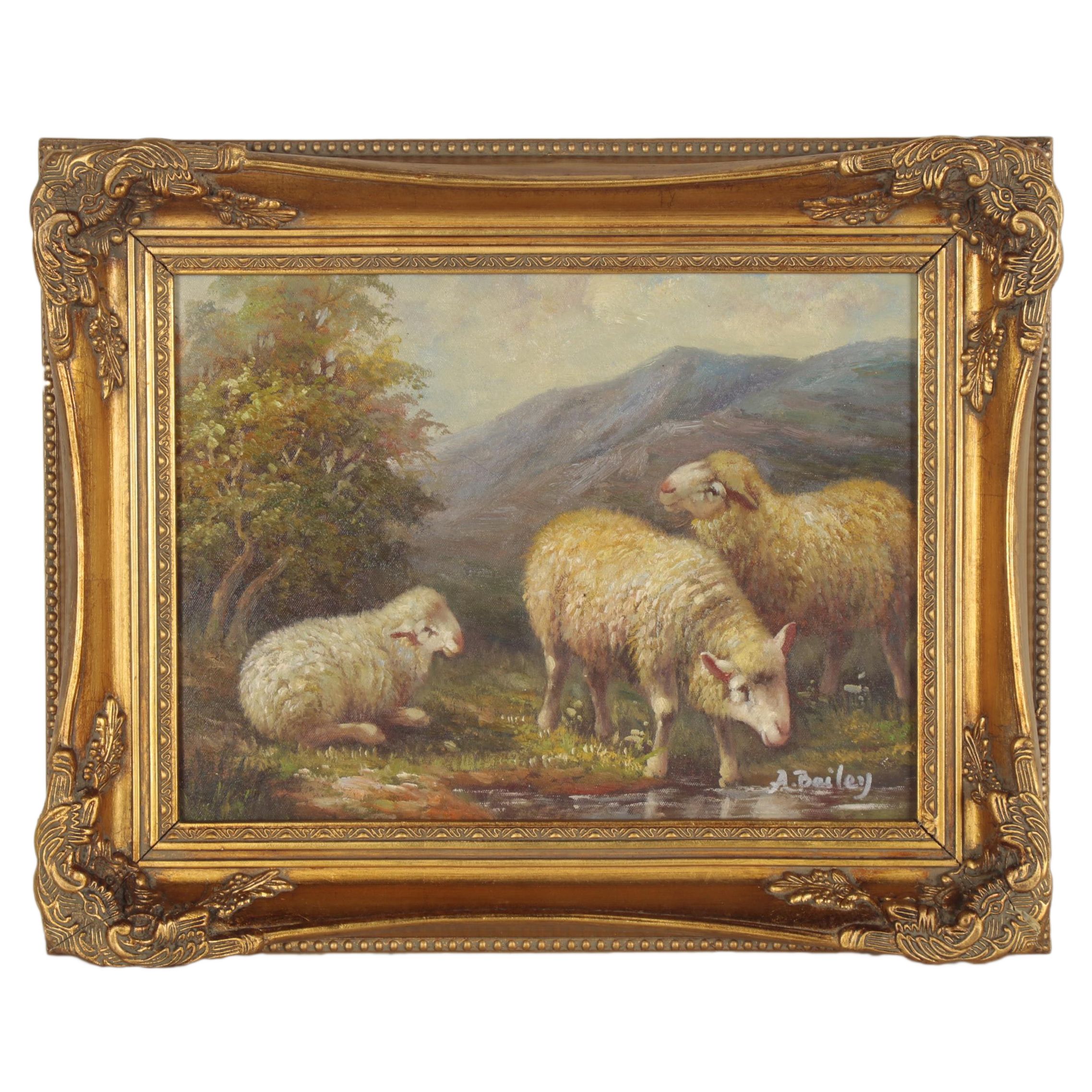 Landscape Oil Painting of a Flock of Sheep, Late 20th Century