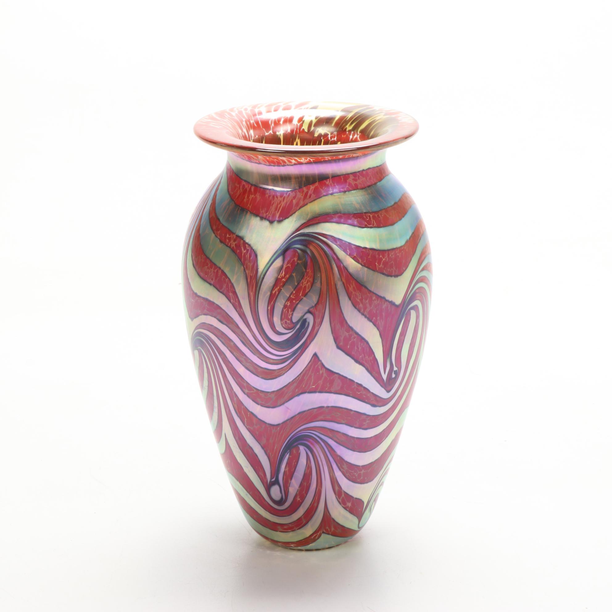 Robert Eickholt Handblown Red Pulled Feather Art Glass Vase, 2008