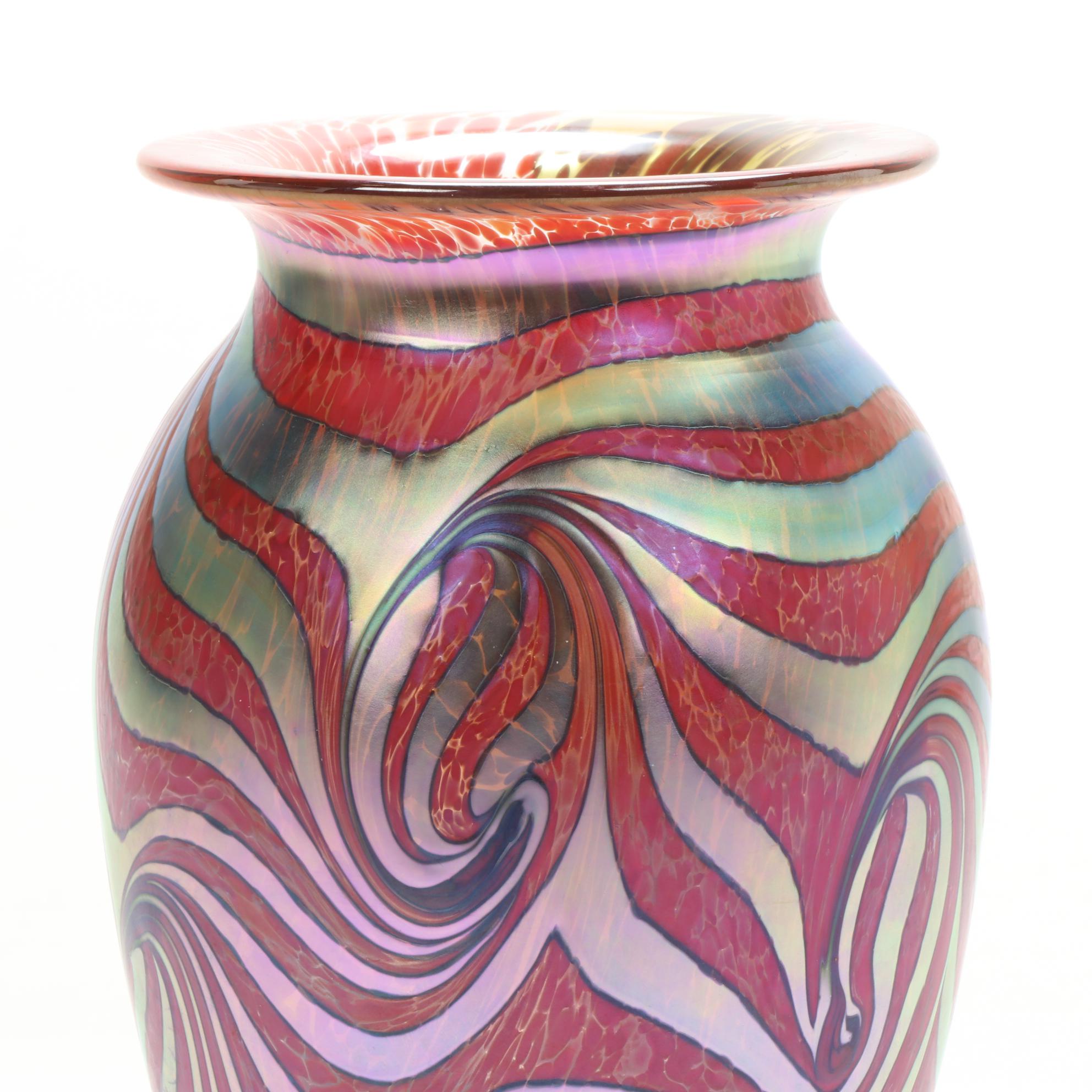 Robert Eickholt Handblown Red Pulled Feather Art Glass Vase, 2008