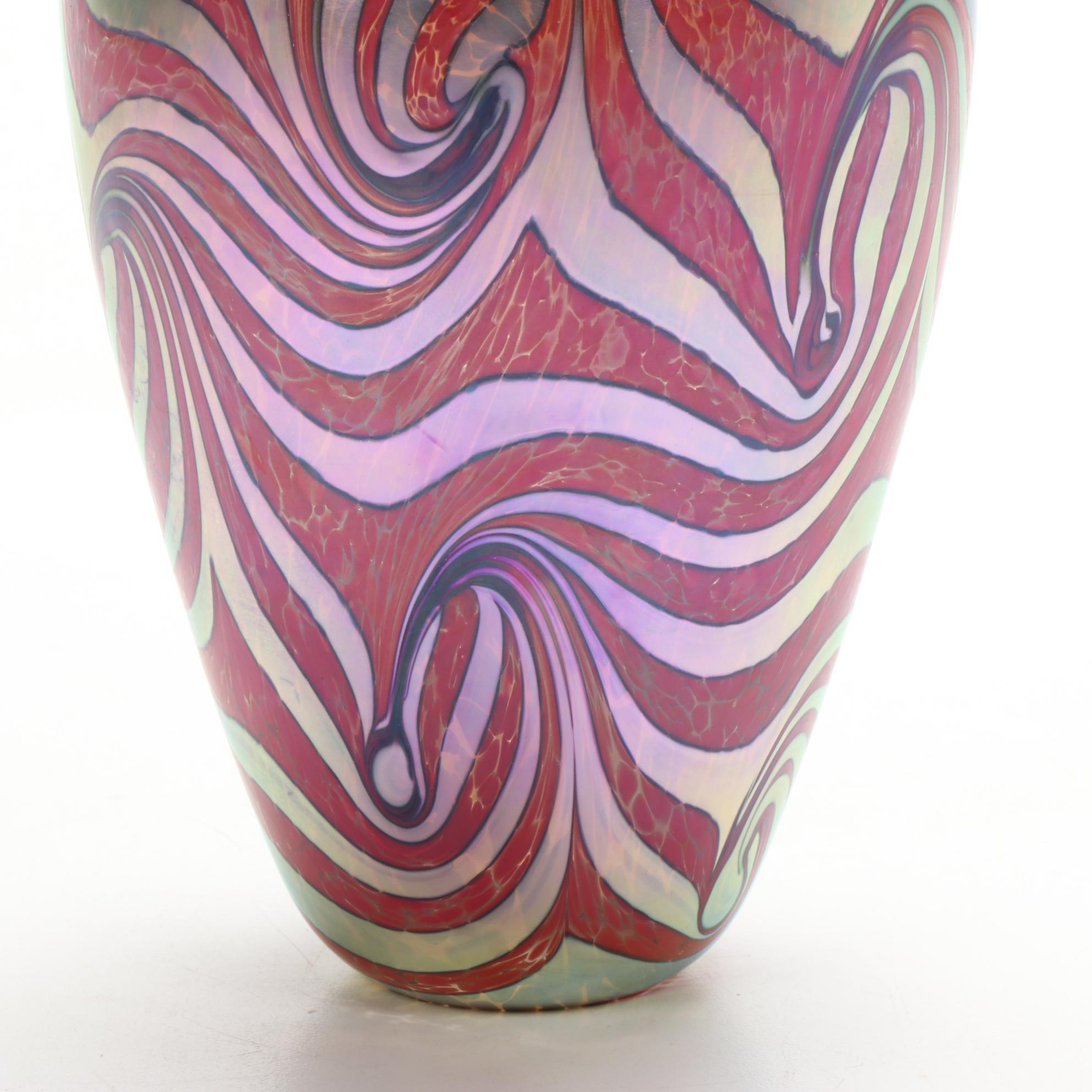 Robert Eickholt Handblown Red Pulled Feather Art Glass Vase, 2008