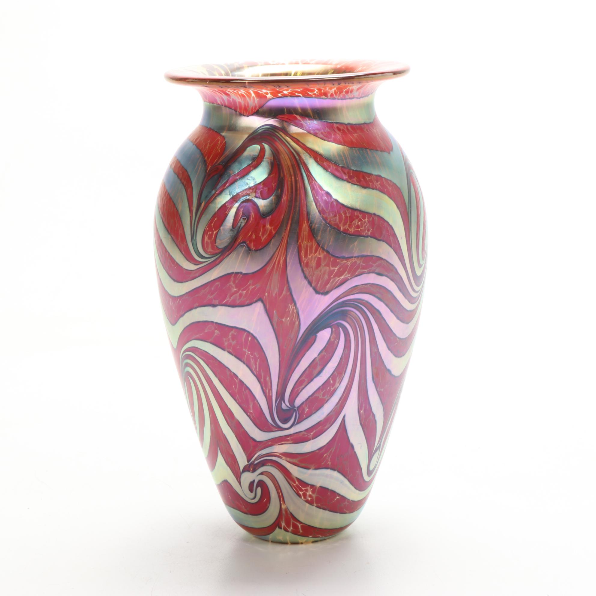 Robert Eickholt Handblown Red Pulled Feather Art Glass Vase, 2008