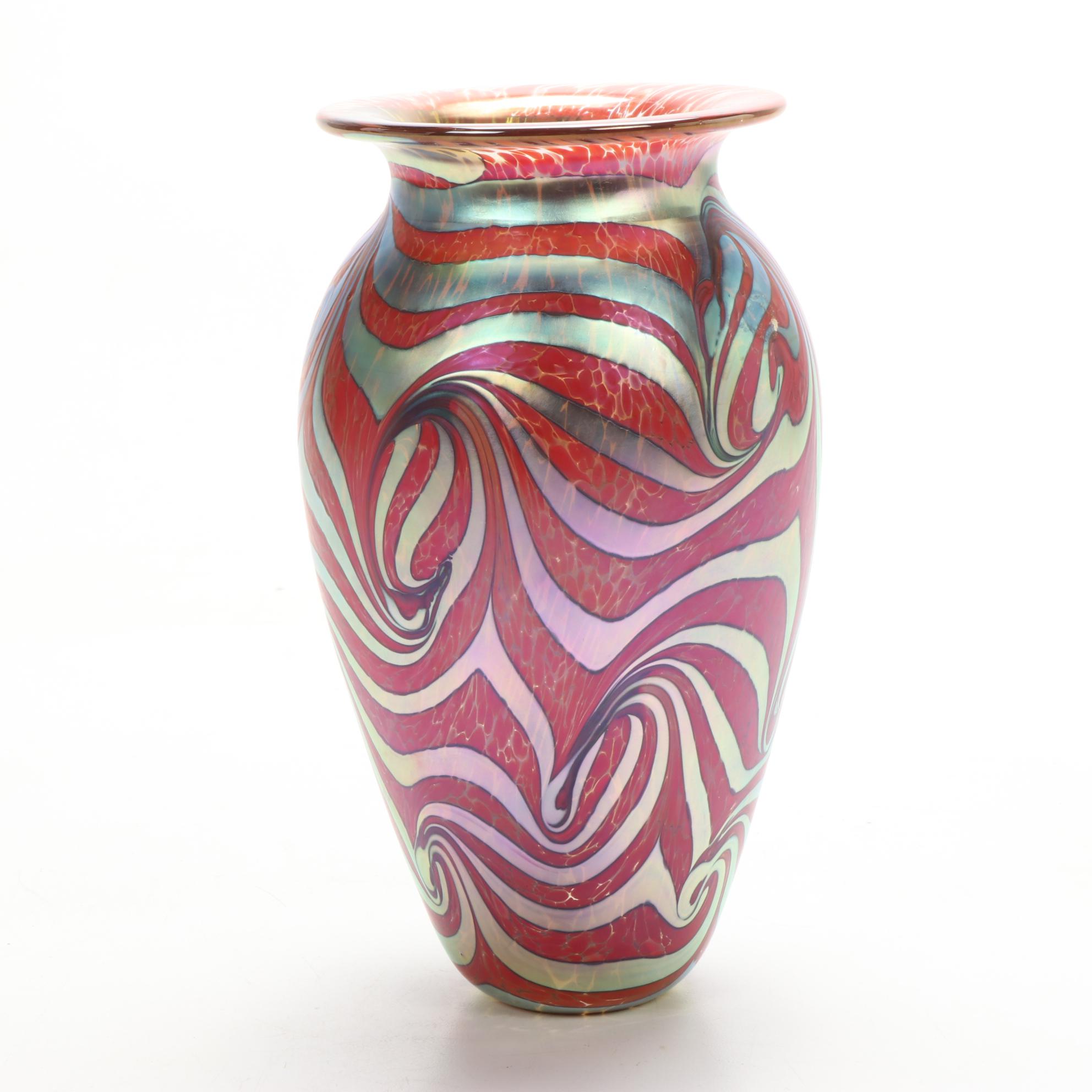 Robert Eickholt Handblown Red Pulled Feather Art Glass Vase, 2008