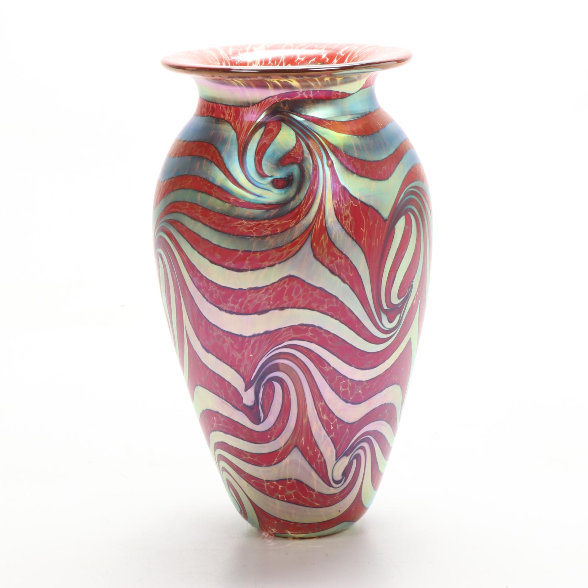 Robert Eickholt Handblown Red Pulled Feather Art Glass Vase, 2008