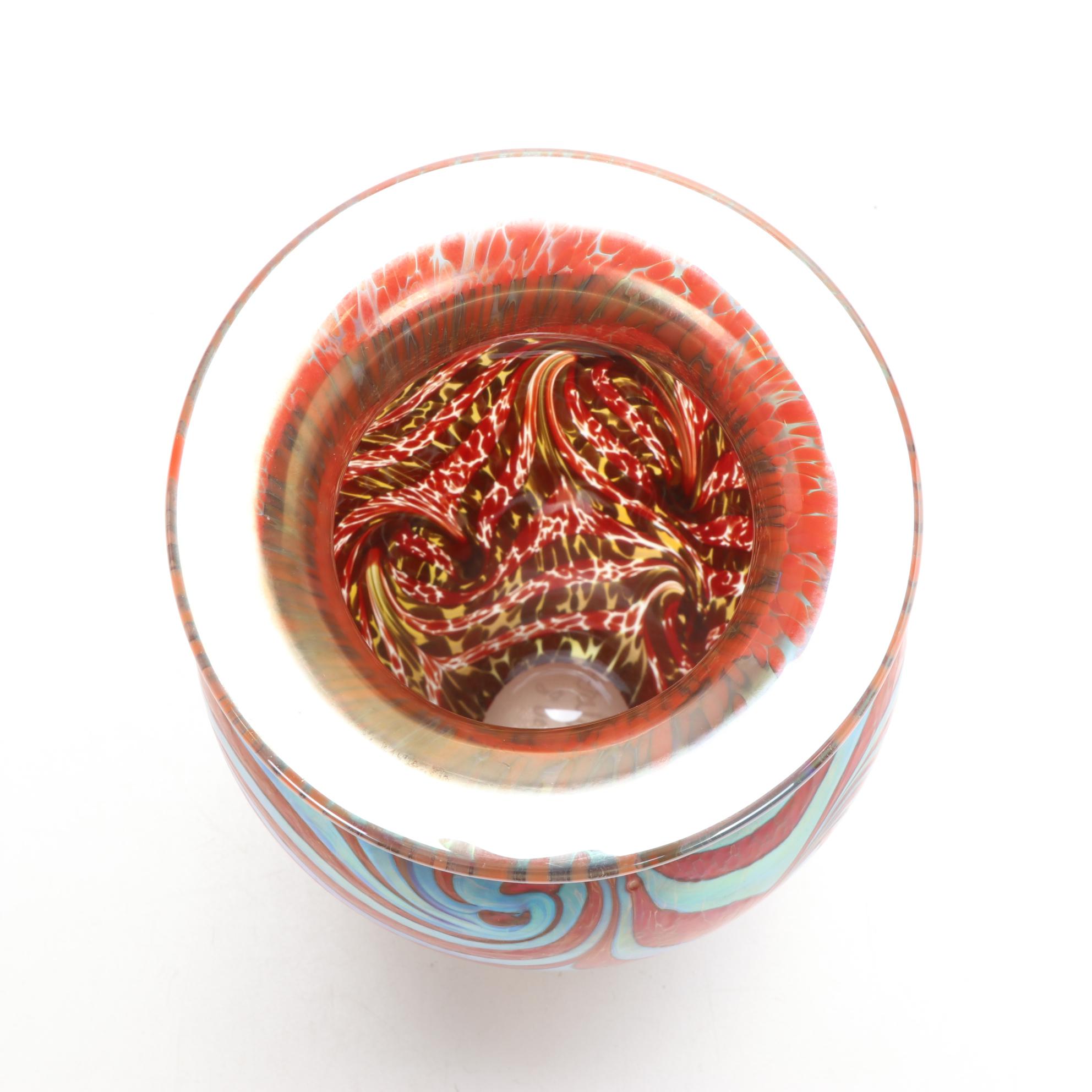 Robert Eickholt Handblown Red Pulled Feather Art Glass Vase, 2008