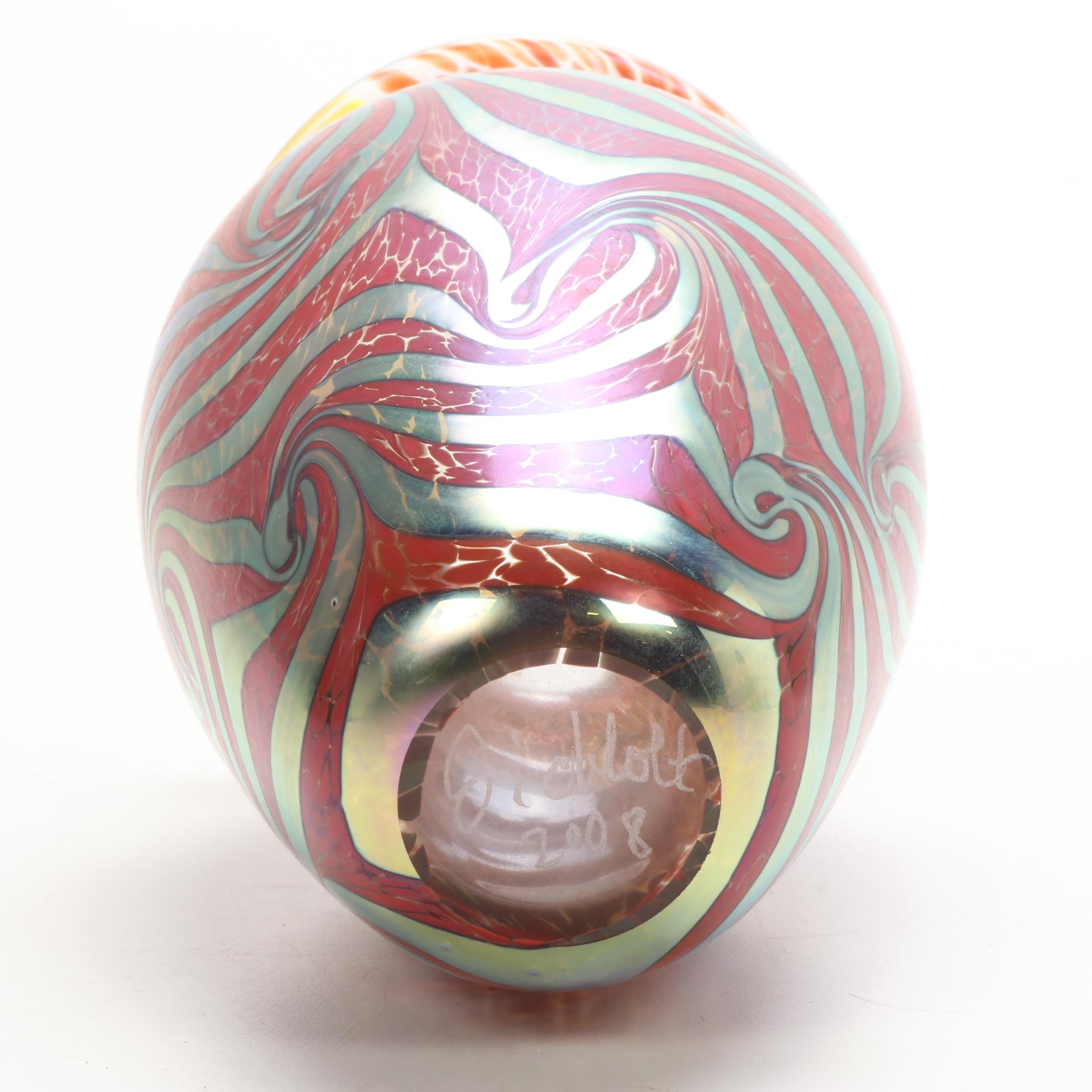 Robert Eickholt Handblown Red Pulled Feather Art Glass Vase, 2008