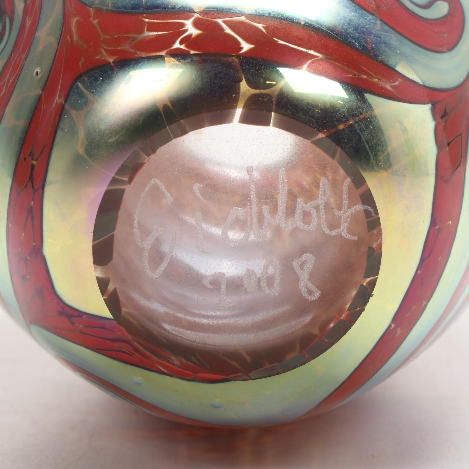 Robert Eickholt Handblown Red Pulled Feather Art Glass Vase, 2008