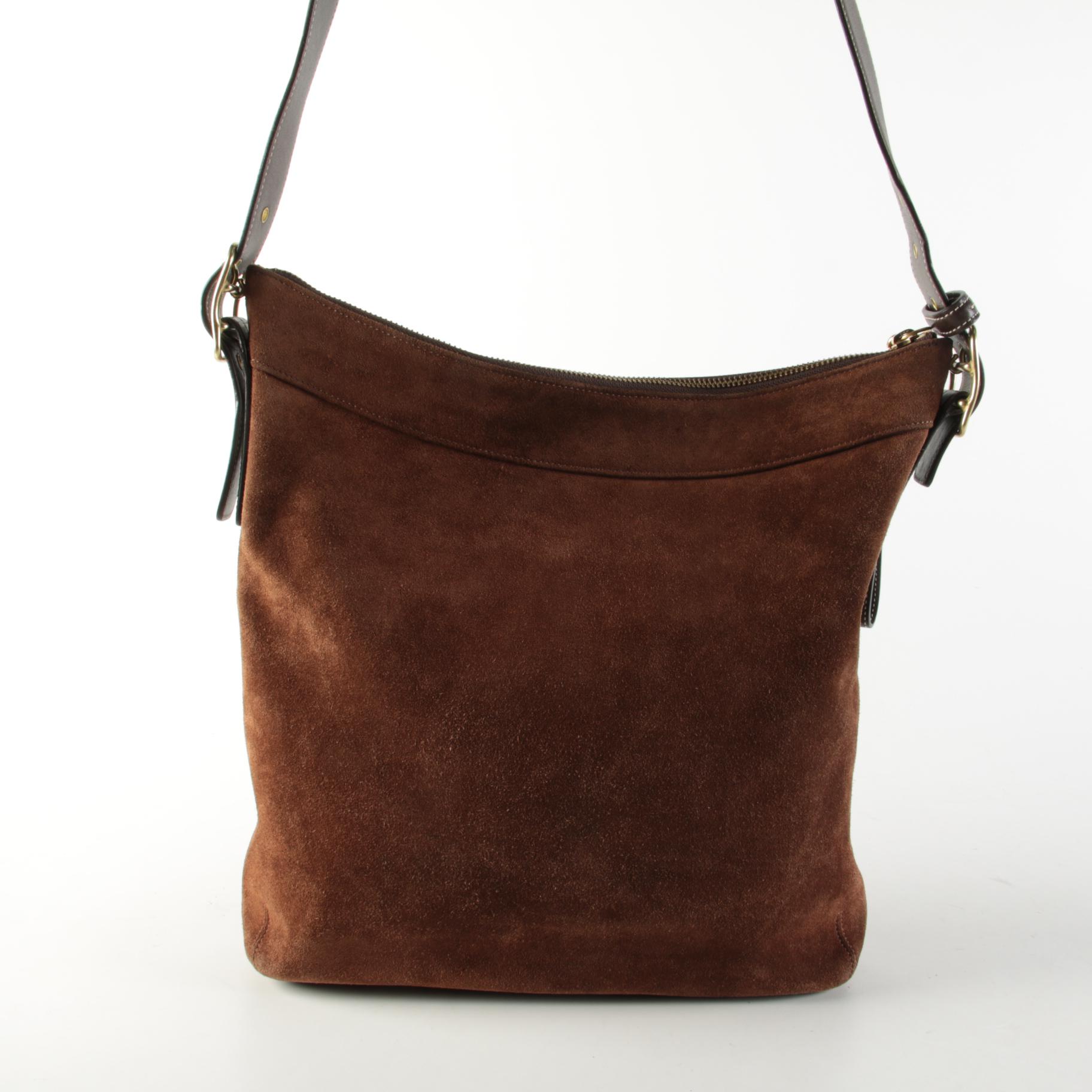 Coach Suede/Leather Hobo Crossbody Bag with Houndstooth and Leather Shoulder Bag