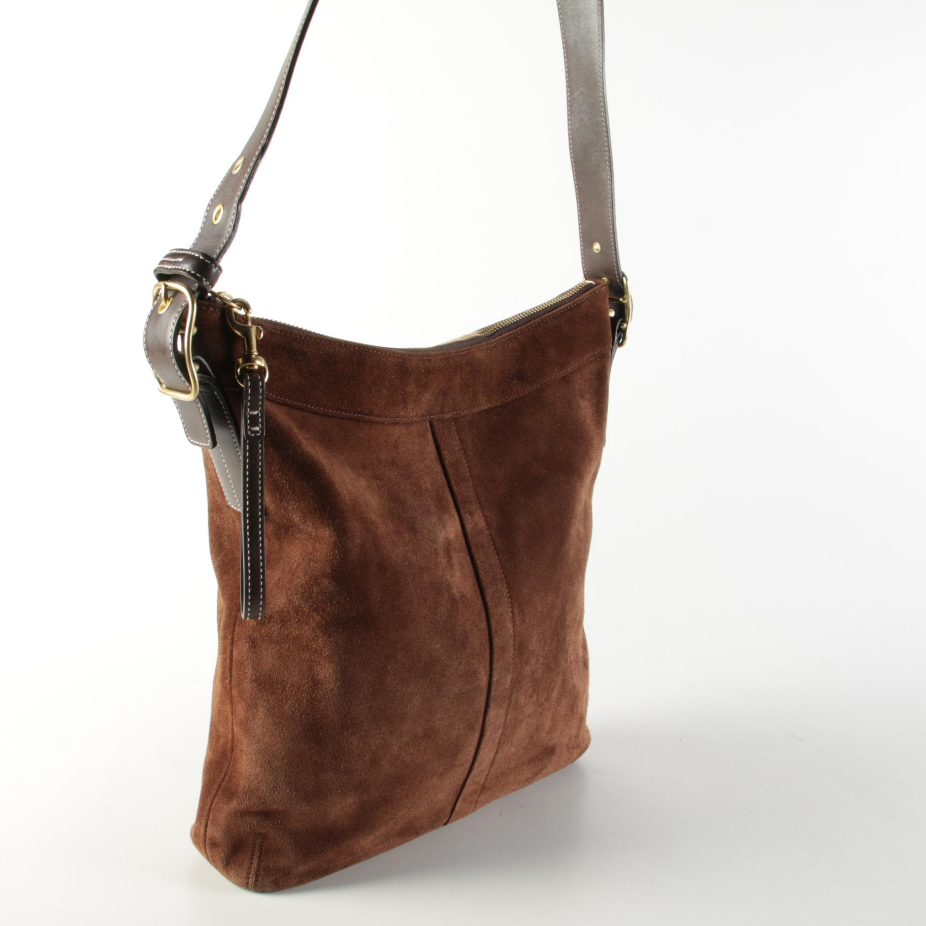 Coach Suede/Leather Hobo Crossbody Bag with Houndstooth and Leather Shoulder Bag