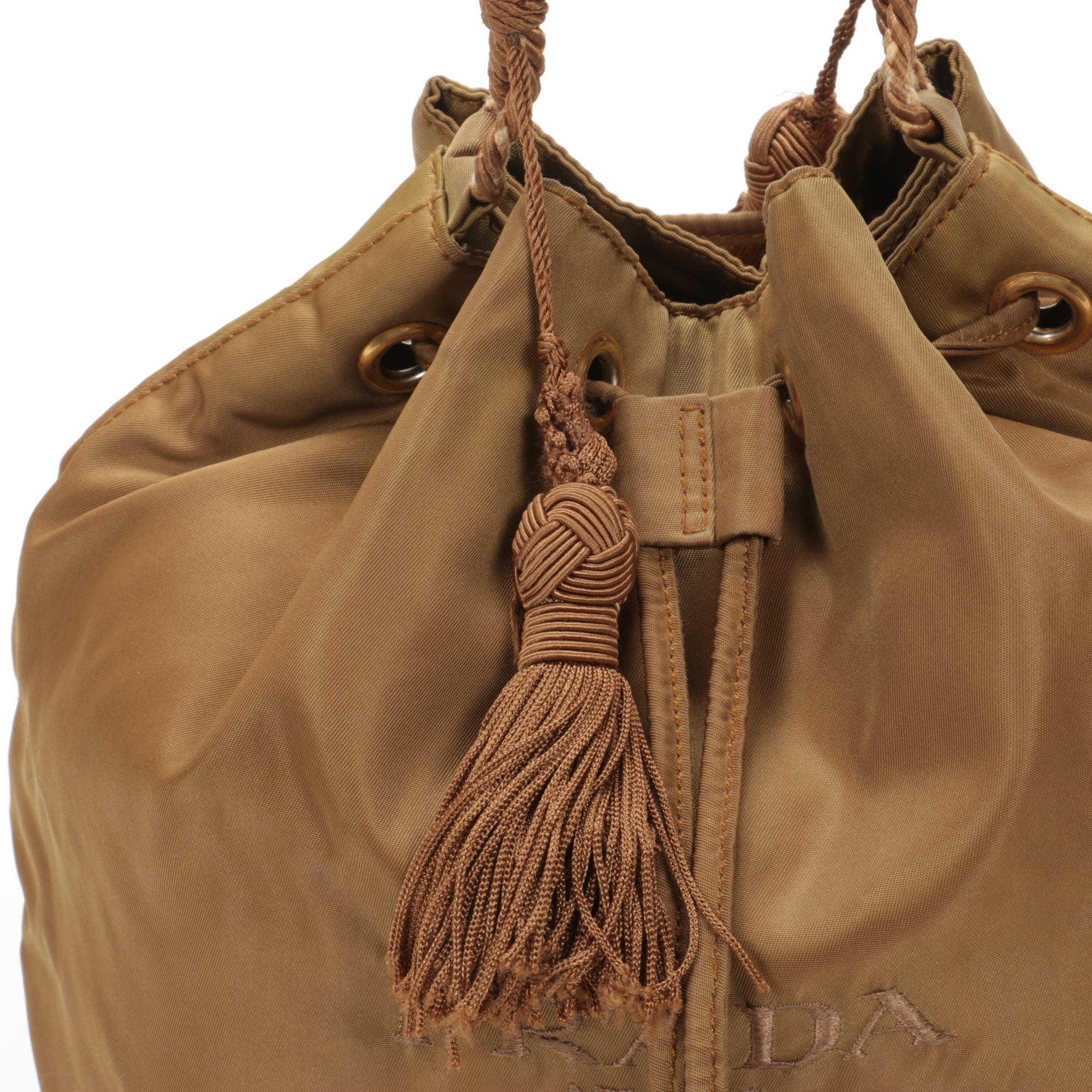 Prada Drawstring Bucket Bag in Dark Khaki Tessuto Nylon