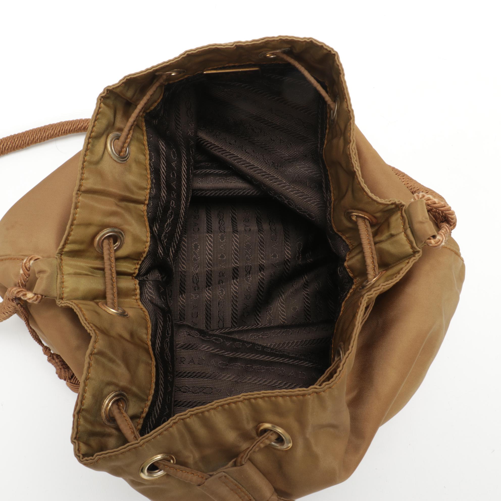 Prada Drawstring Bucket Bag in Dark Khaki Tessuto Nylon