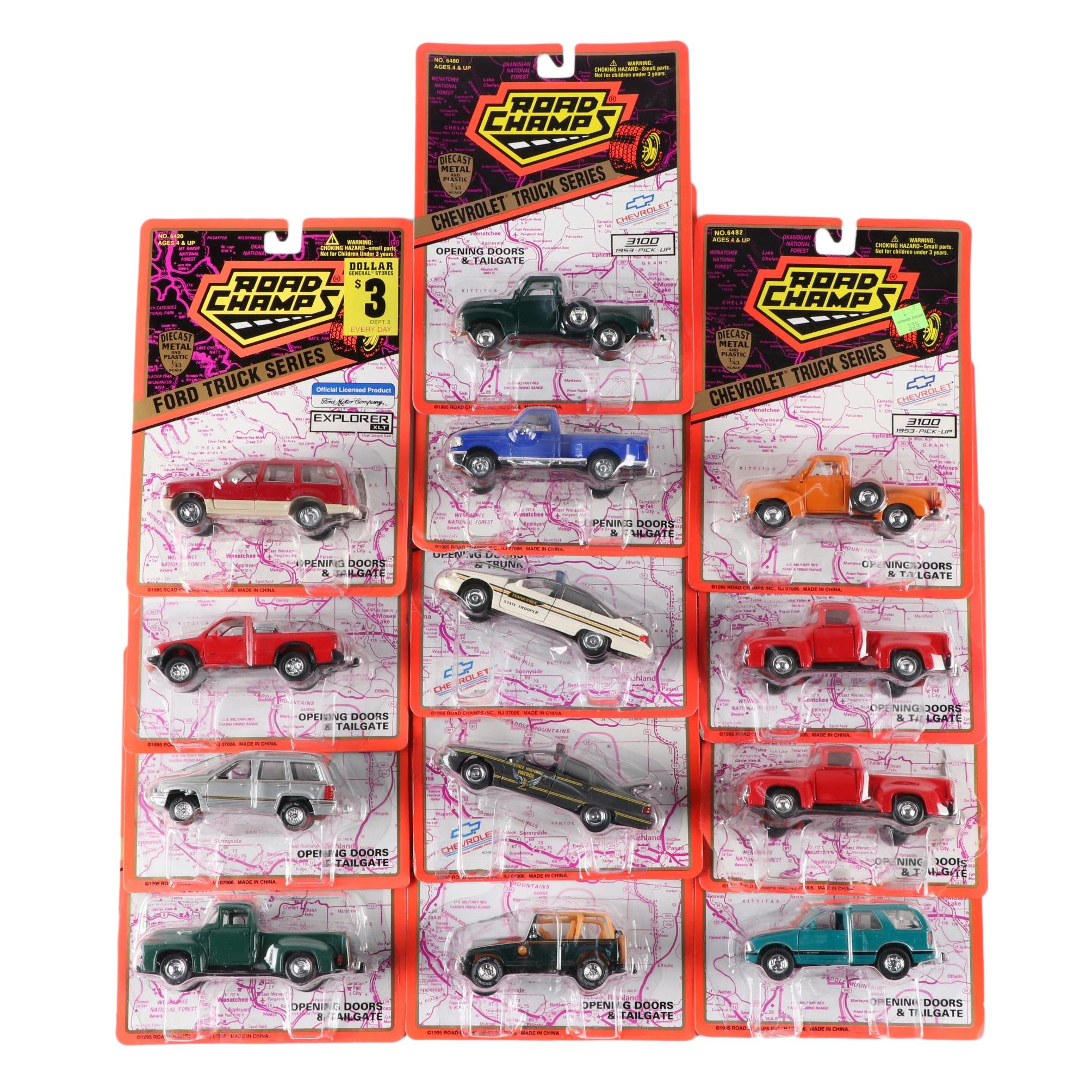 Road Champs Die Cast Vehicles Including Ford Trucks, Police Cars, and More