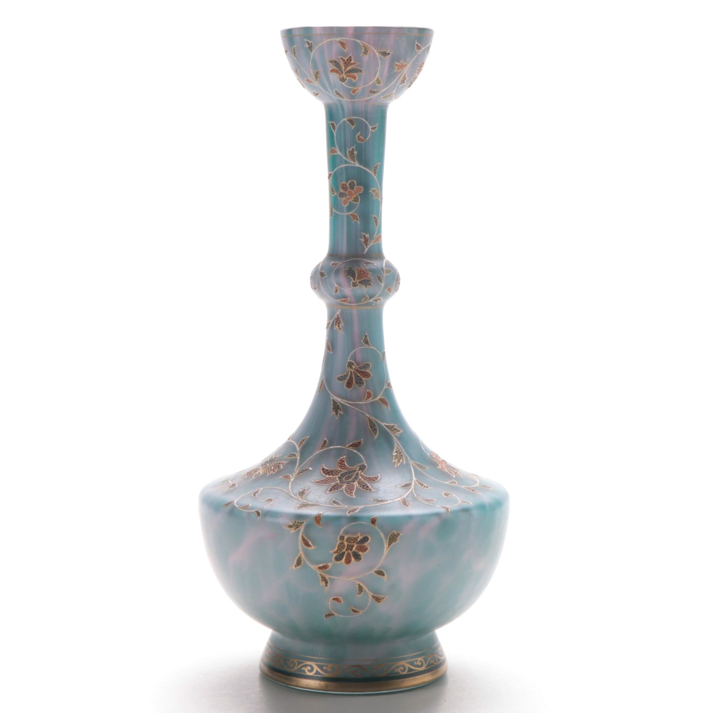 Bohemian Blue Over Pink Cased Glass Vase with Hand-Painted Enameled Accents