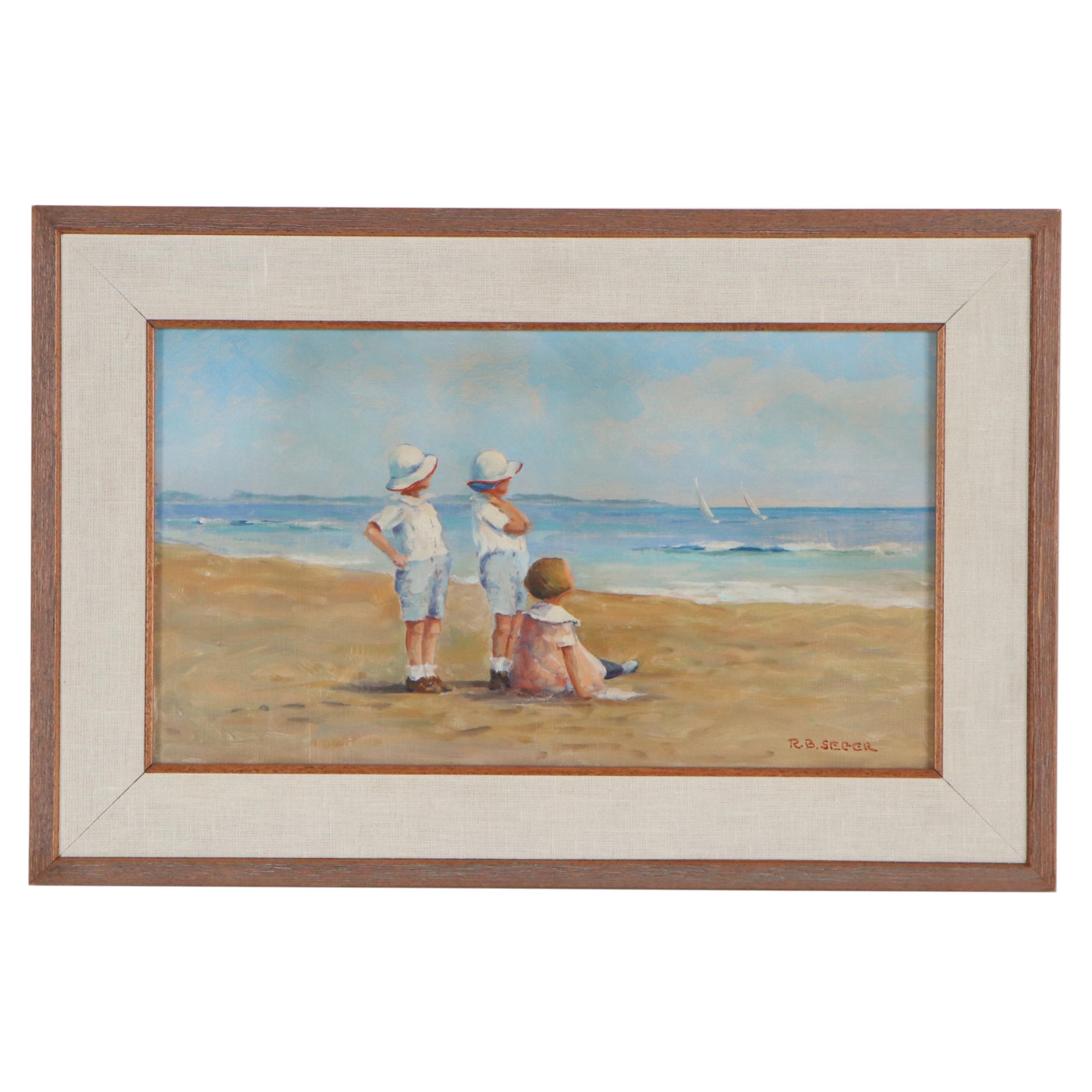 Roberta B. Seger Oil Painting of Children on Beach, 1992