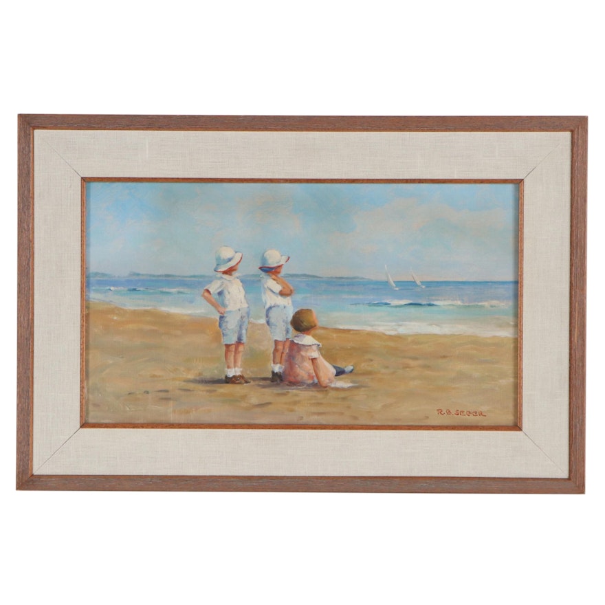 Roberta B. Seger Oil Painting of Children on Beach, 1992