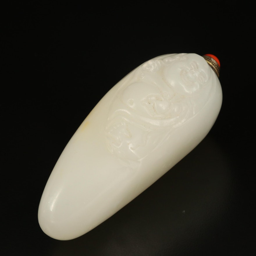 Chinese Chalcedony Laughing Buddha Snuff Bottle with Red Coral Stopper