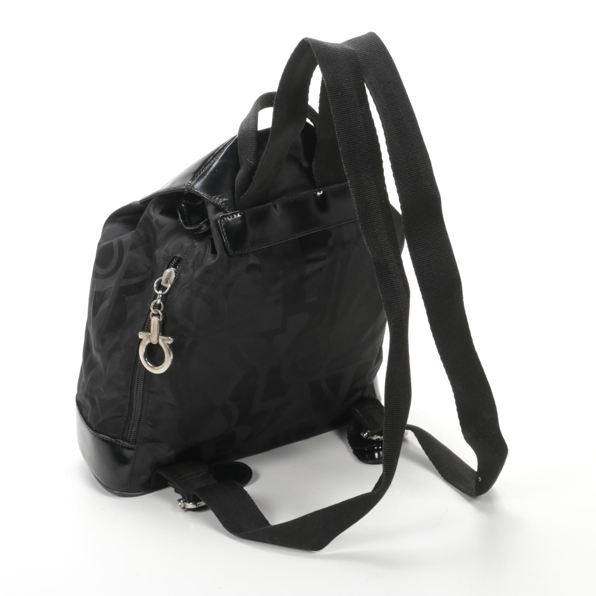 Salvatore Ferragamo Backpack in Black Nylon and Patent Leather