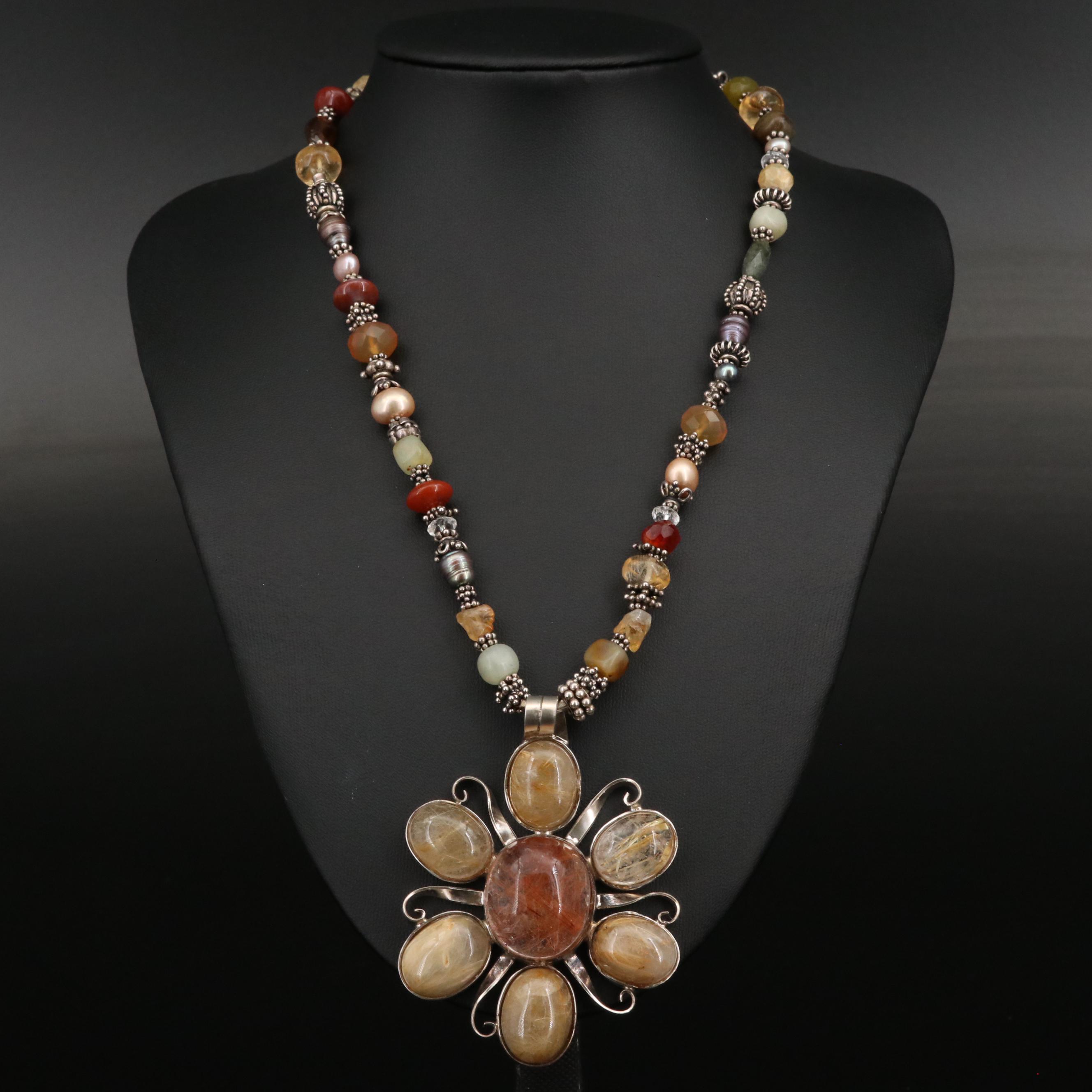Sterling Flower Necklace Including Rutilated Quartz, Agate and Pearl