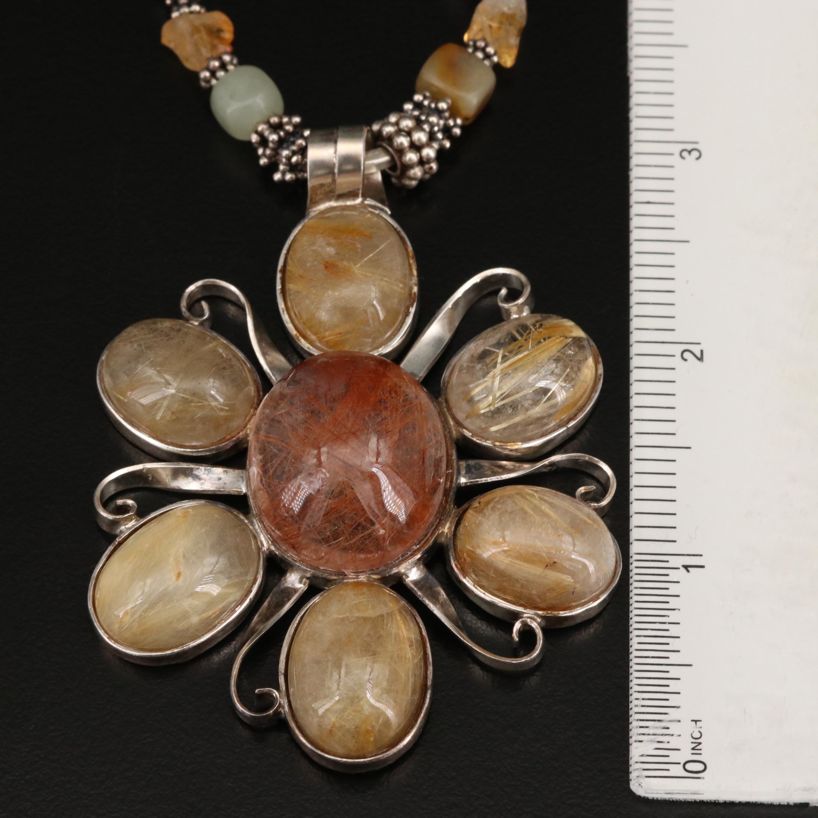 Sterling Flower Necklace Including Rutilated Quartz, Agate and Pearl