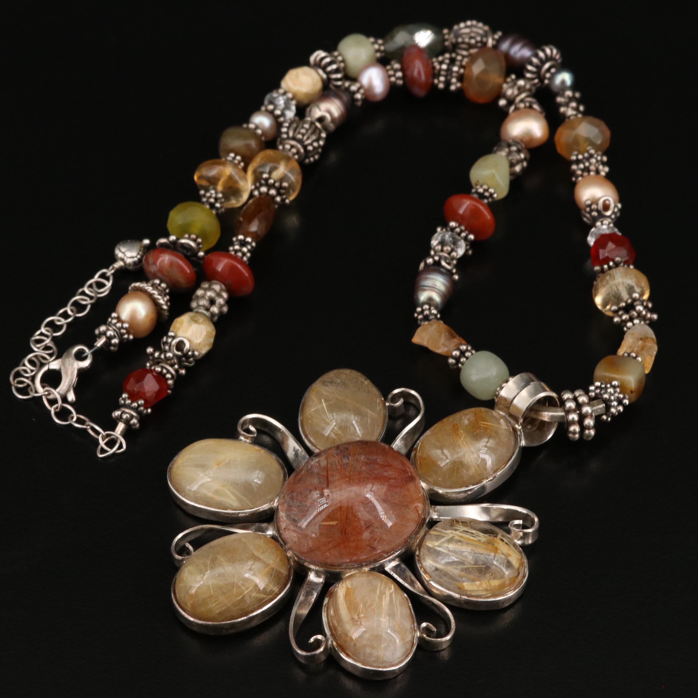 Sterling Flower Necklace Including Rutilated Quartz, Agate and Pearl