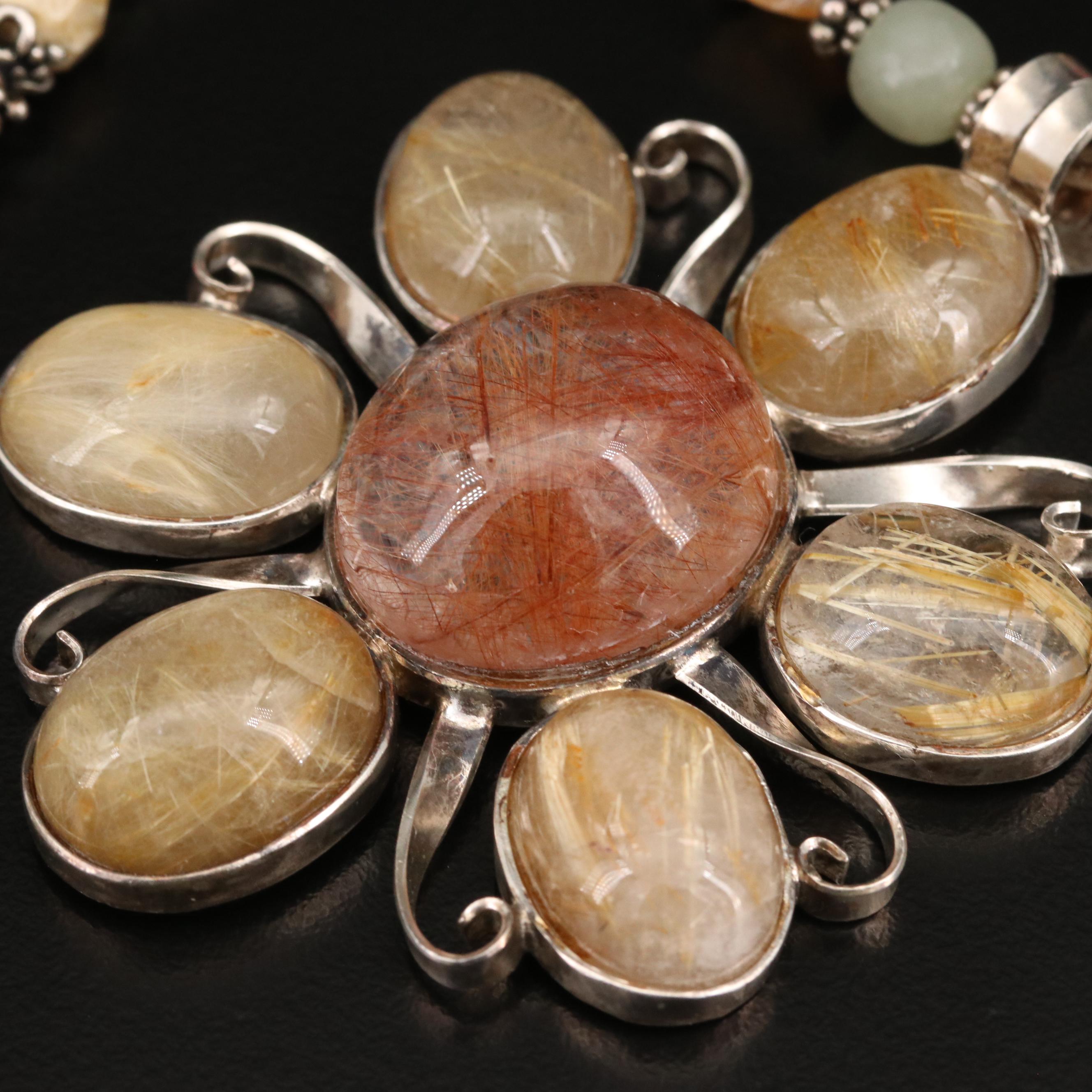 Sterling Flower Necklace Including Rutilated Quartz, Agate and Pearl
