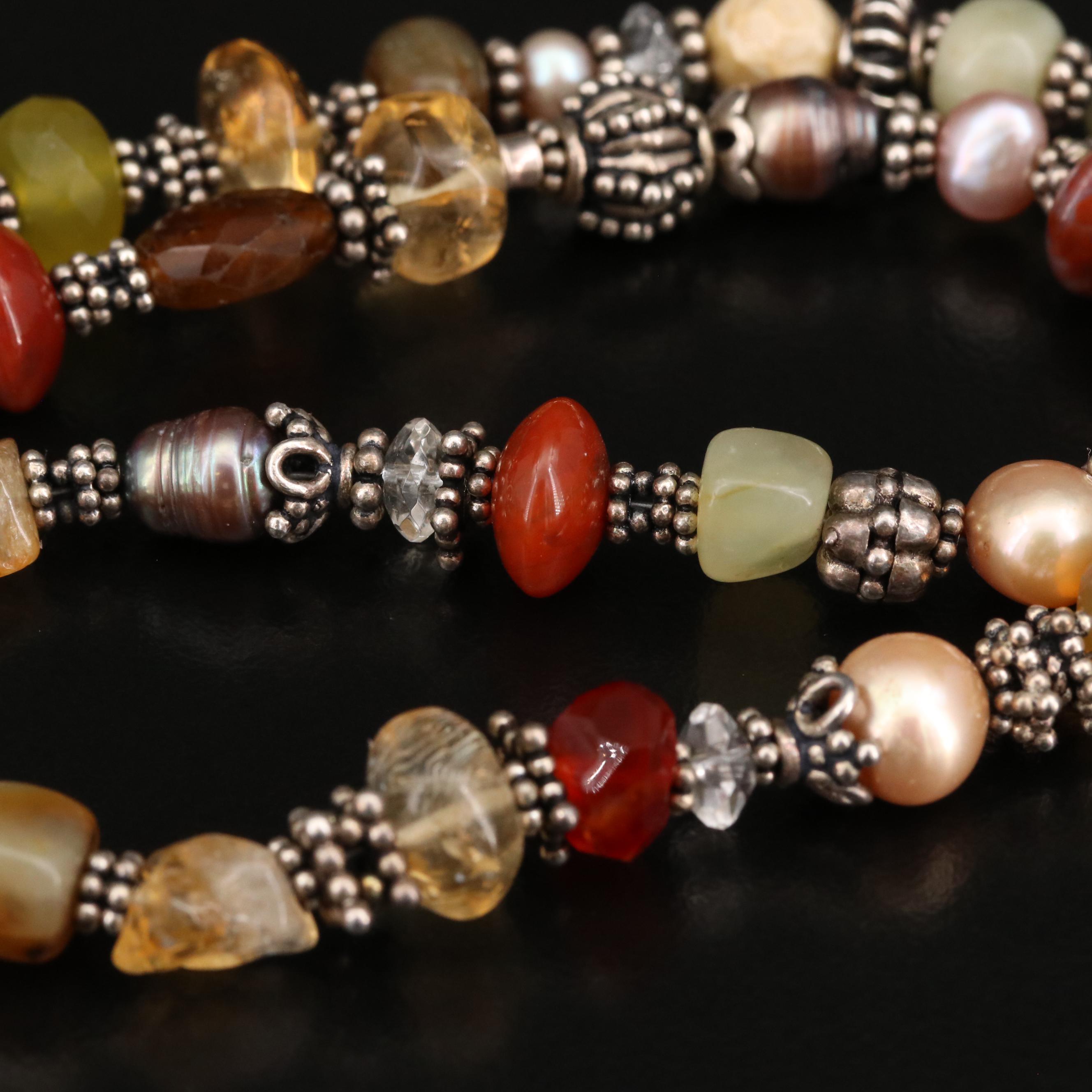 Sterling Flower Necklace Including Rutilated Quartz, Agate and Pearl