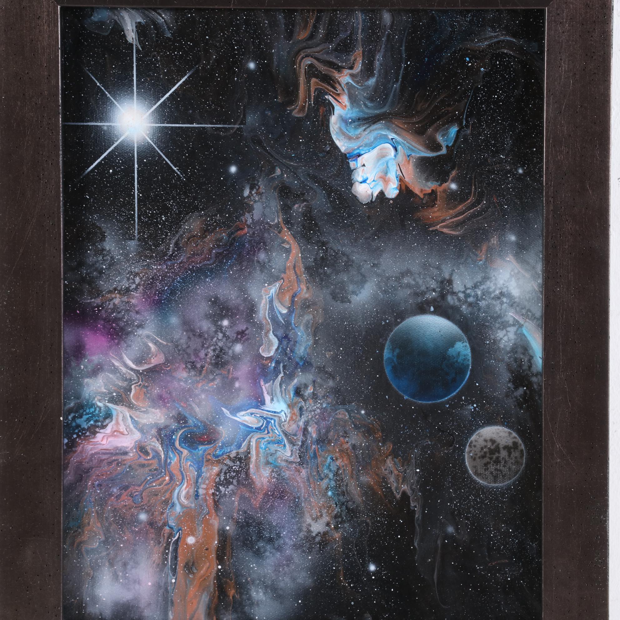 Sandra Johnson Airbrush and Pour Acrylic Painting of Nebula and Planets