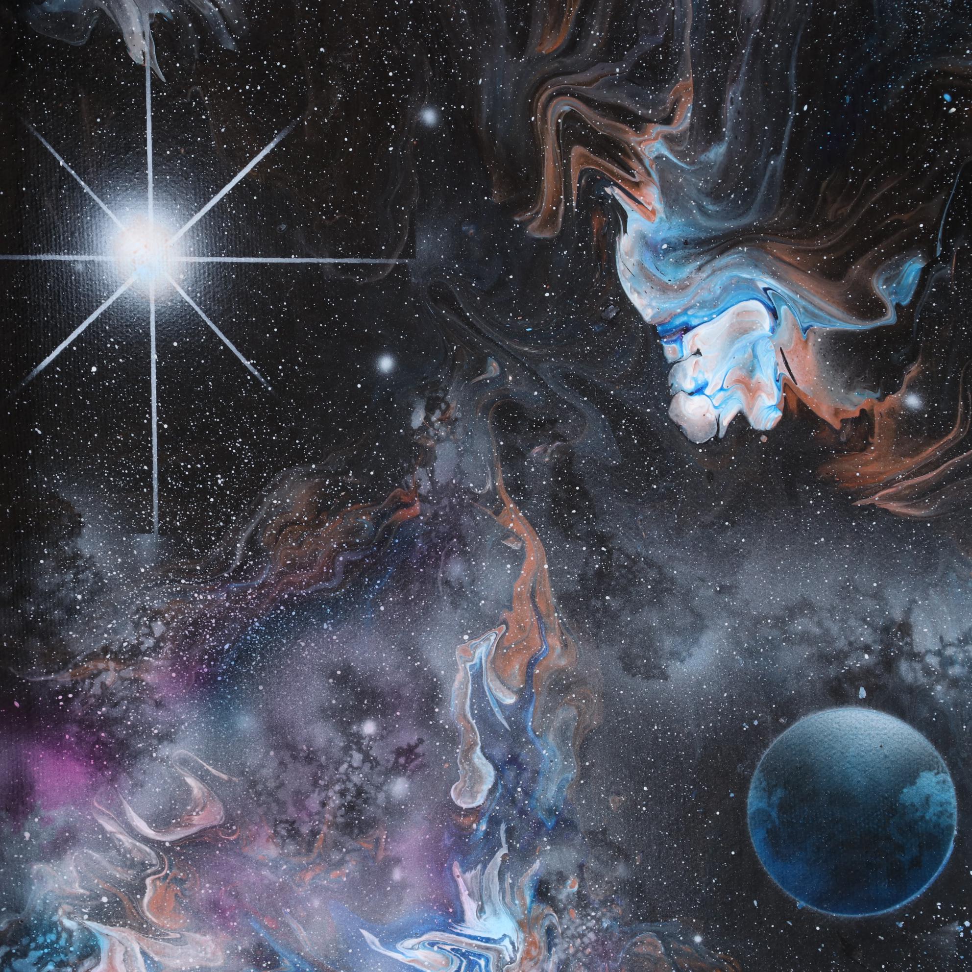 Sandra Johnson Airbrush and Pour Acrylic Painting of Nebula and Planets