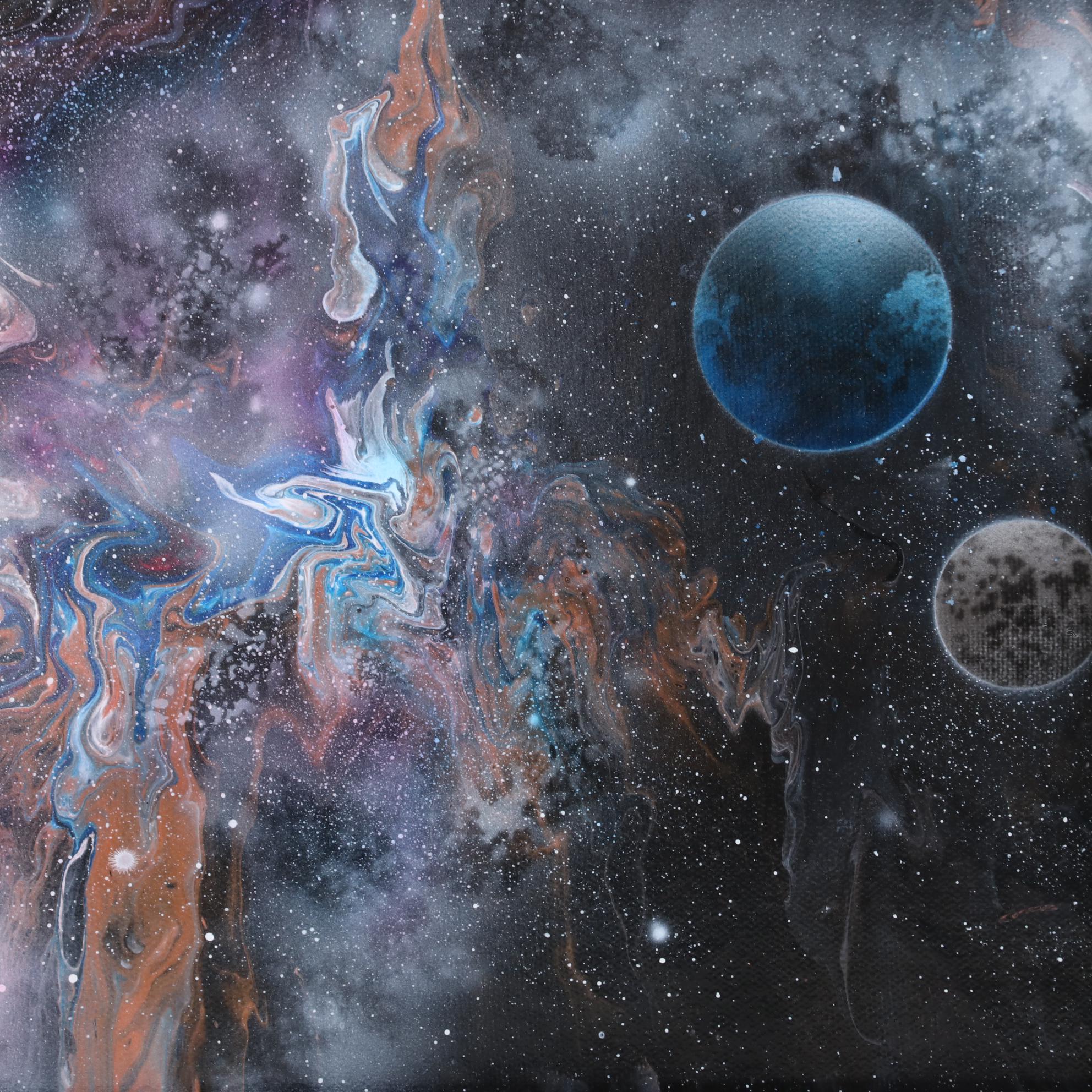 Sandra Johnson Airbrush and Pour Acrylic Painting of Nebula and Planets