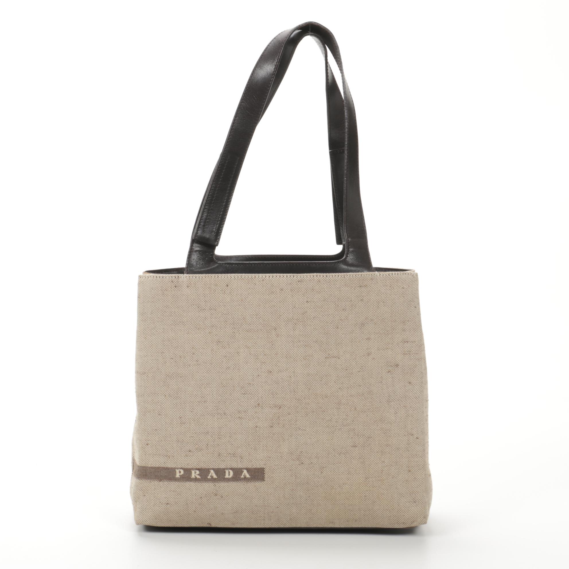 Prada Canvas and Brown Leather Shoulder Bag
