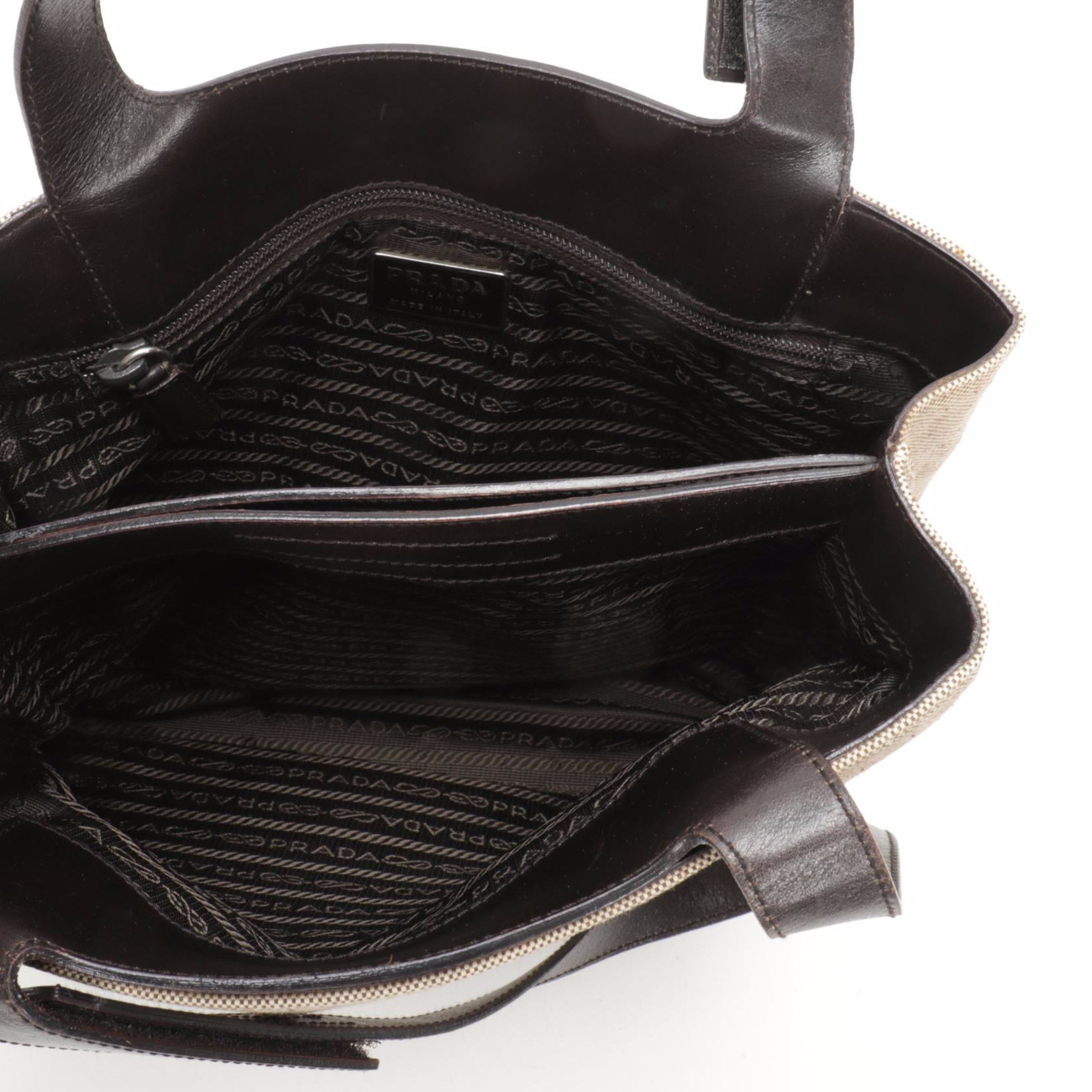 Prada Canvas and Brown Leather Shoulder Bag