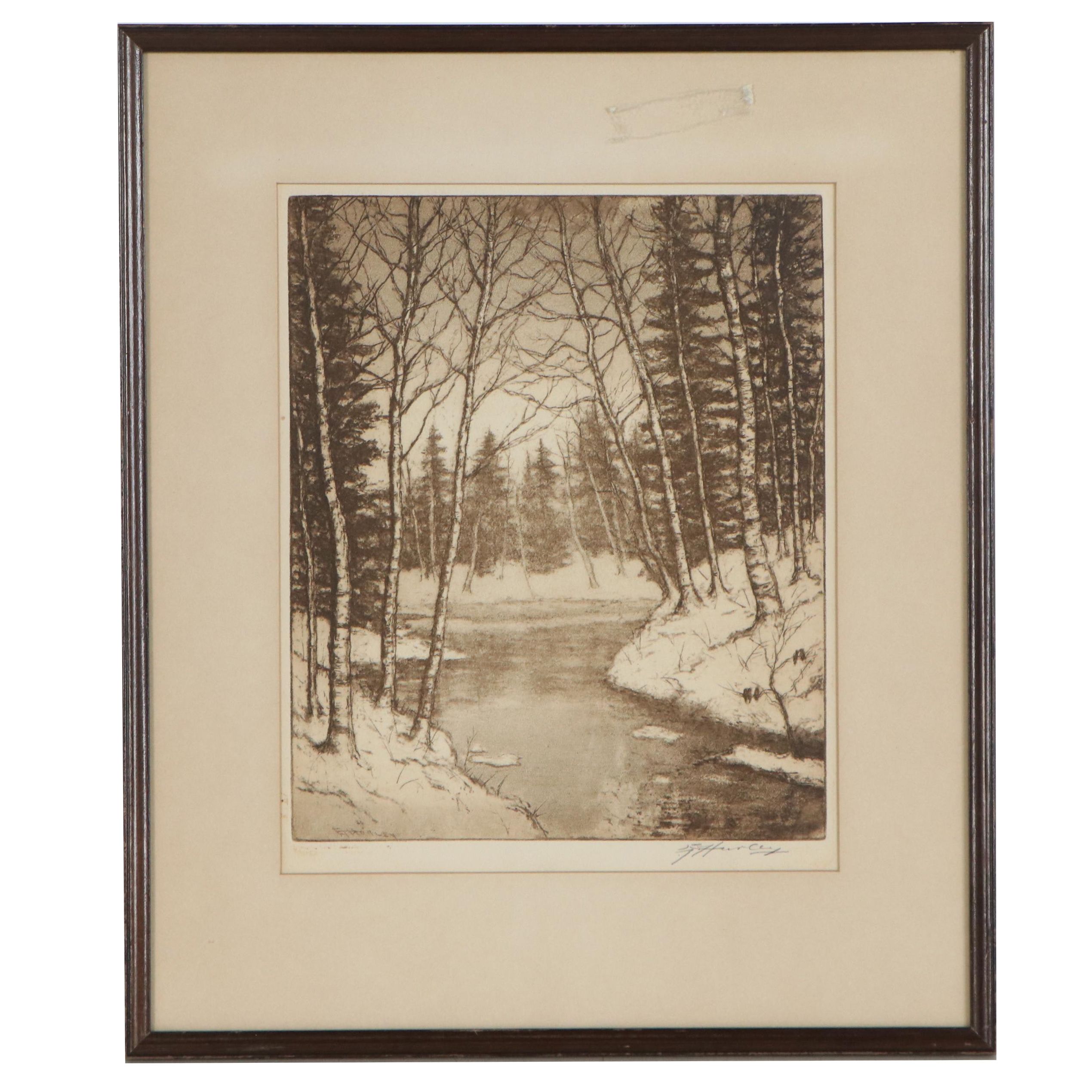 Edward T. Hurley Aquatint and Mezzotint "Pines and Birches," Early 20th Century