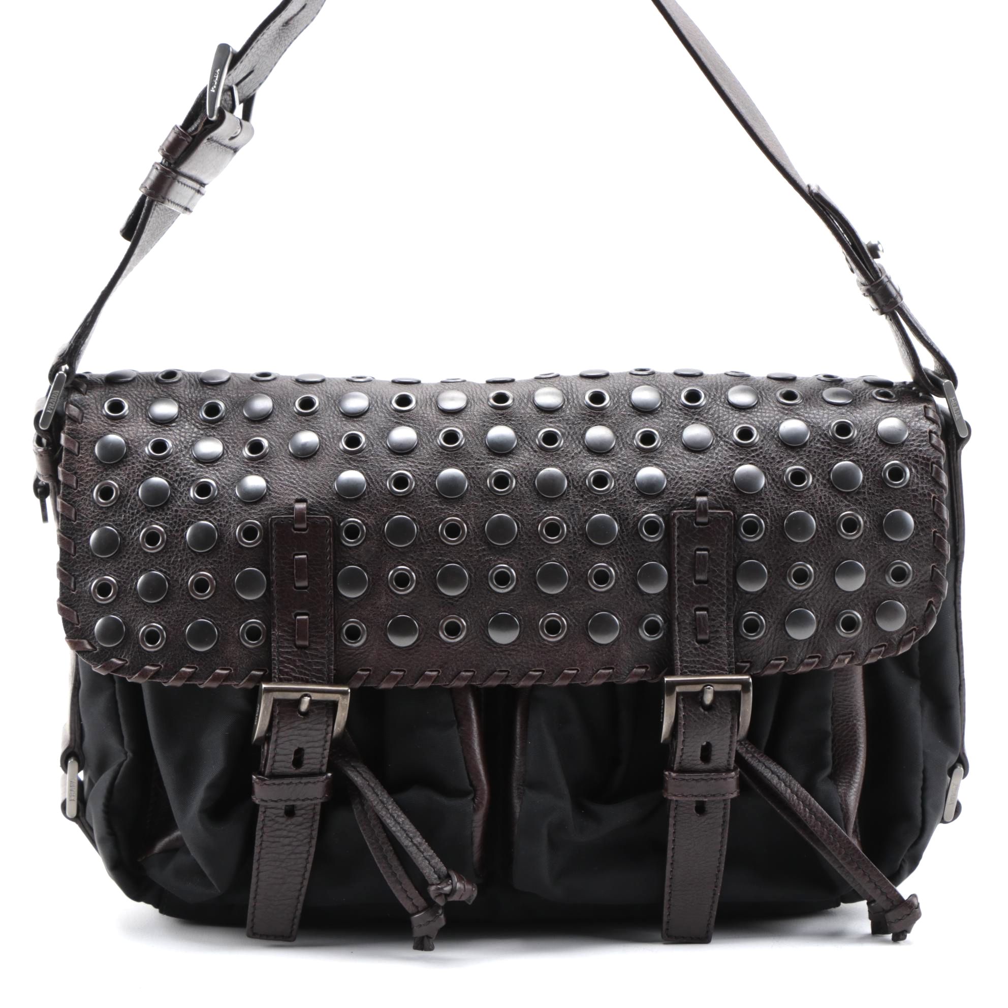 Prada Tessuto Shoulder Bag in Black Nylon and Dark Brown Grained Studded Leather