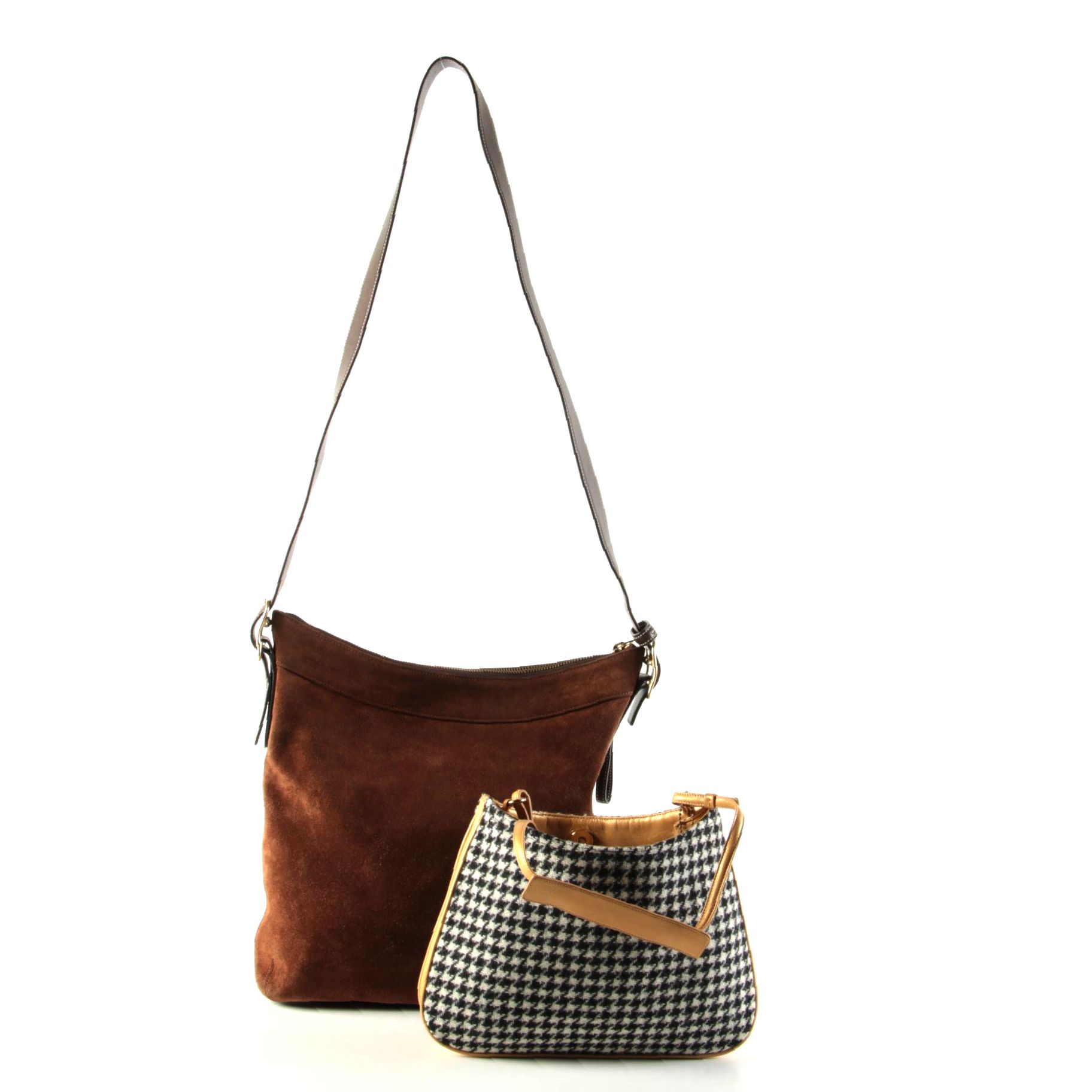 Coach Suede/Leather Hobo Crossbody Bag with Houndstooth and Leather Shoulder Bag