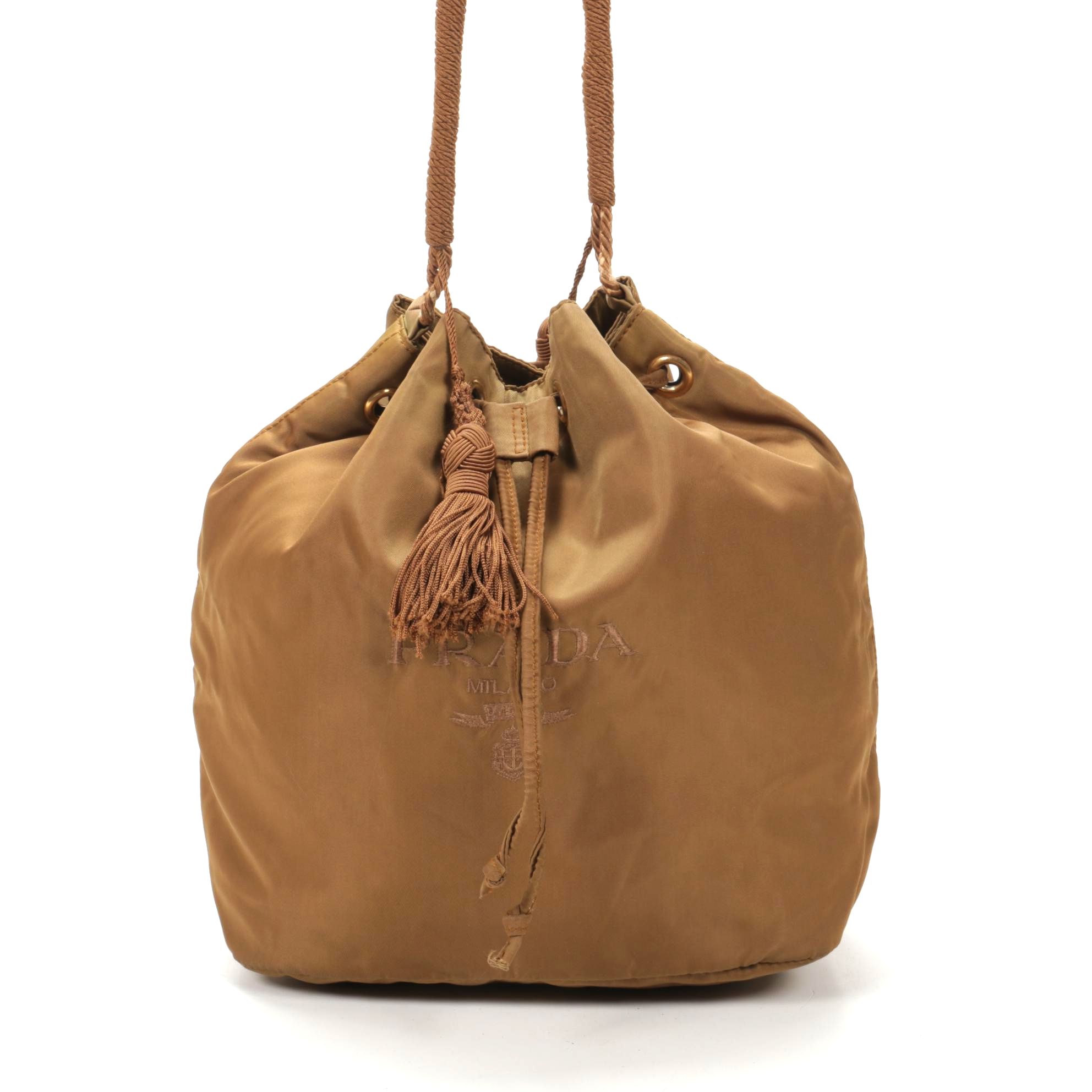 Prada Drawstring Bucket Bag in Dark Khaki Tessuto Nylon