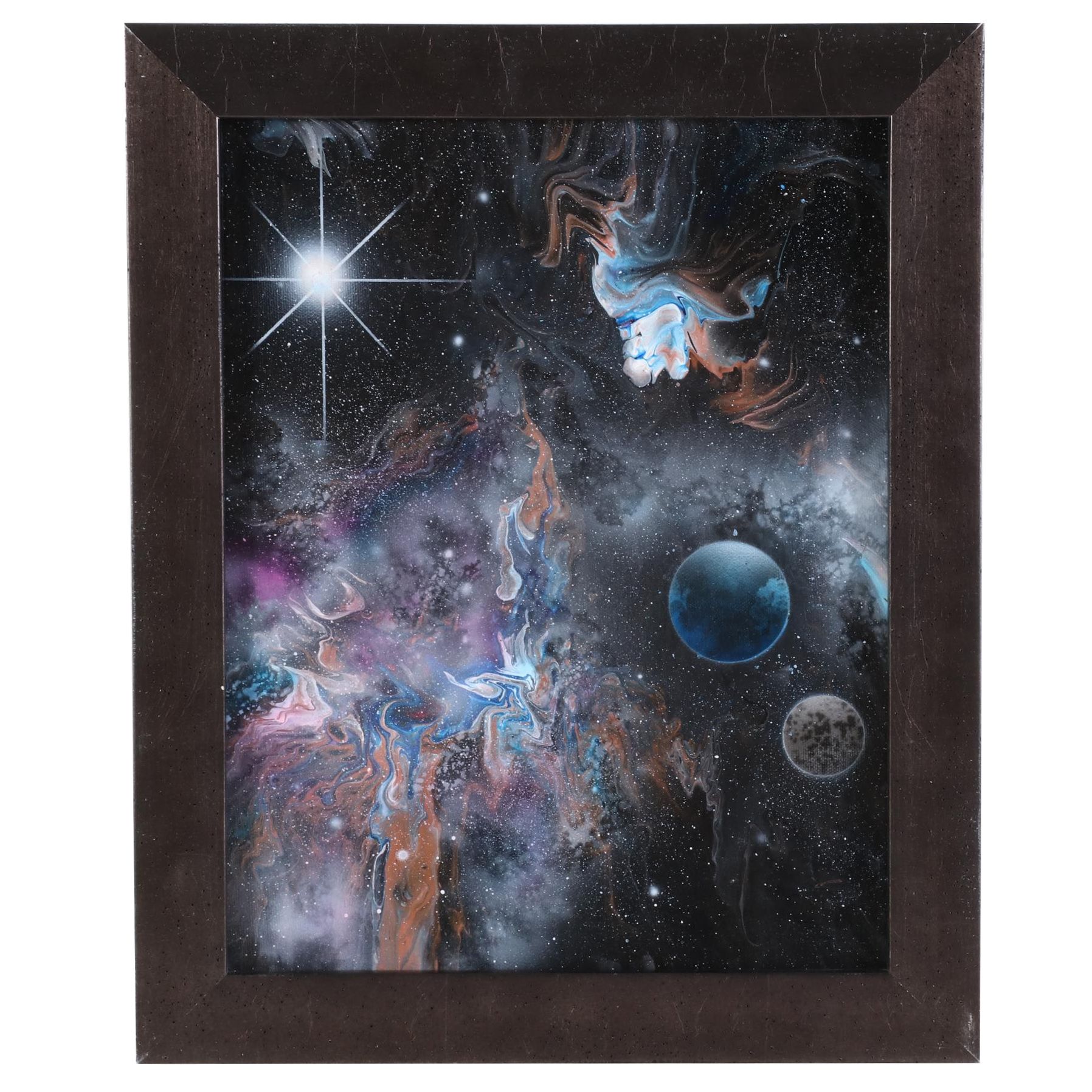 Sandra Johnson Airbrush and Pour Acrylic Painting of Nebula and Planets