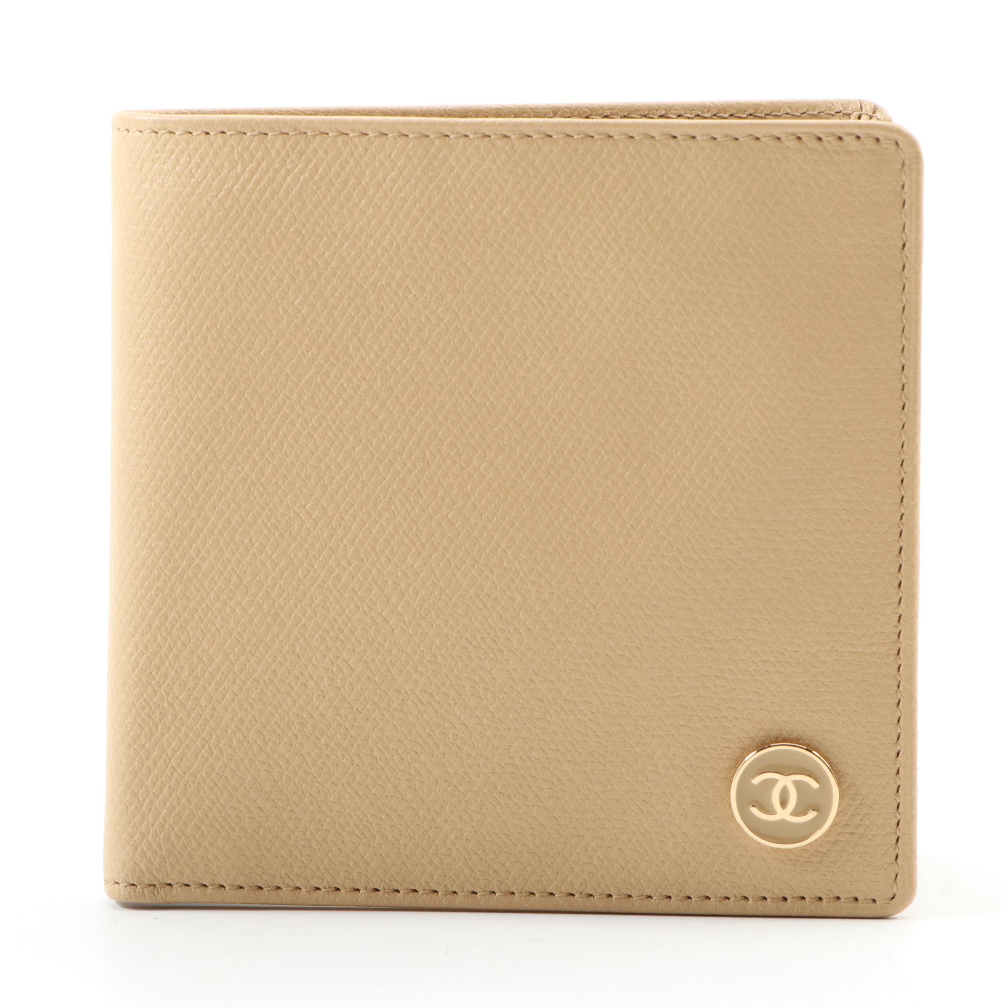 Chanel CC Logo Beige Leather Bifold Wallet