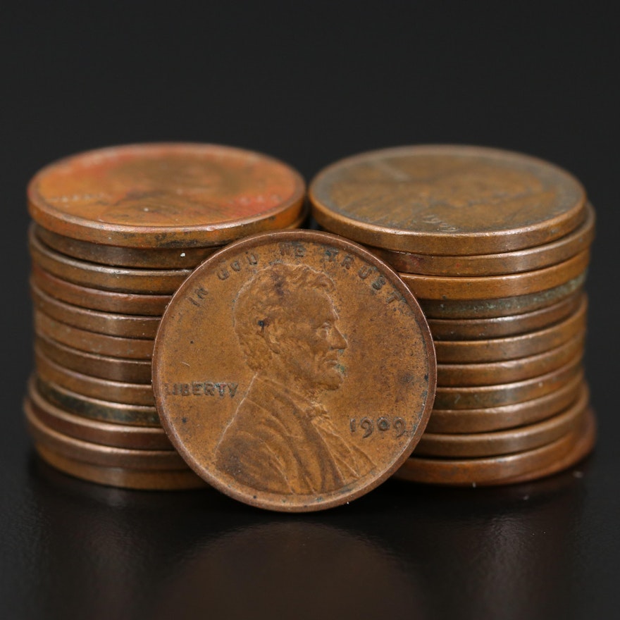 Twenty-Five 1909 VDB Lincoln Wheat Cents