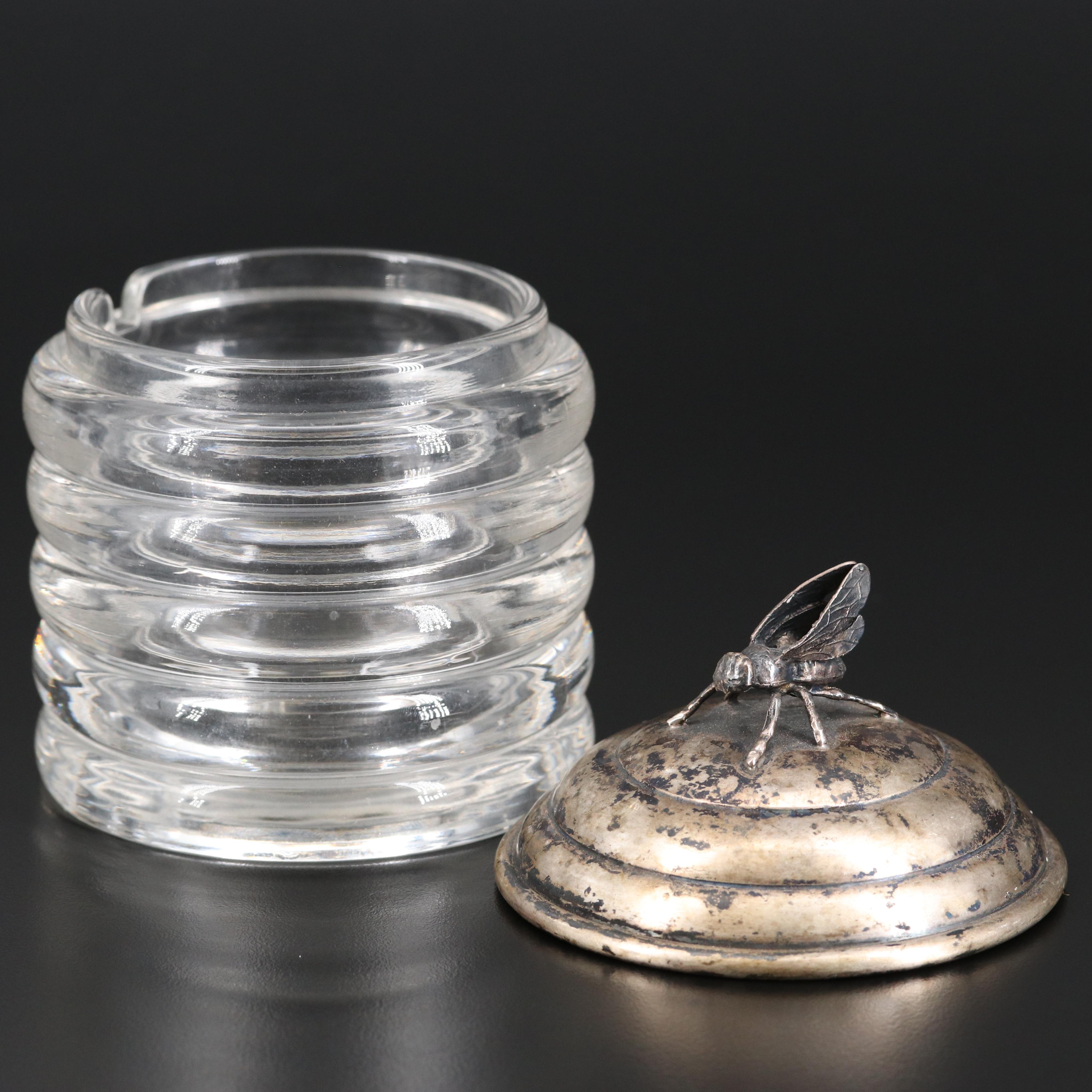 R. Blackinton & Co. Sterling Silver and Glass Beehive Honey Jar, Early 20th C.