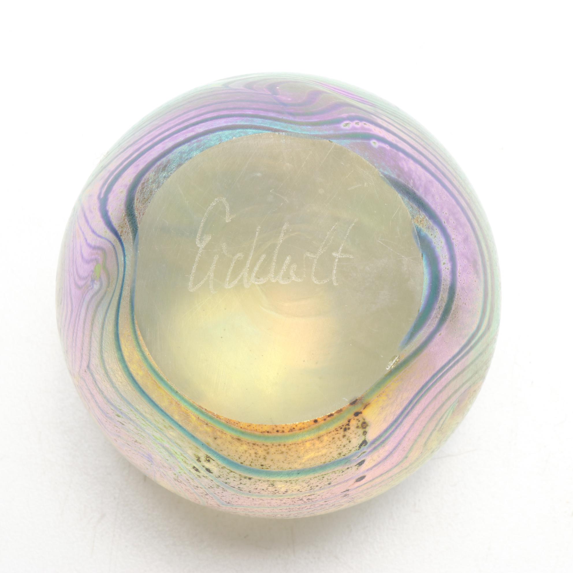 Robert Eickholt "Deep Sea" and Pulled Feather Handblown Art Glass Paperweights