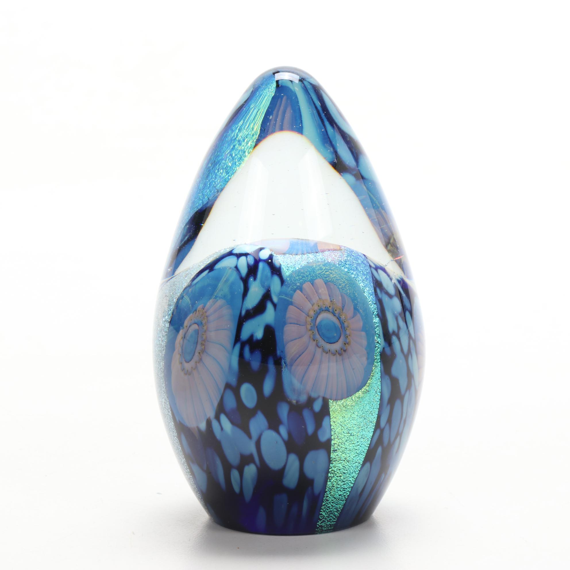 Robert Eickholt "Deep Sea" and Pulled Feather Handblown Art Glass Paperweights
