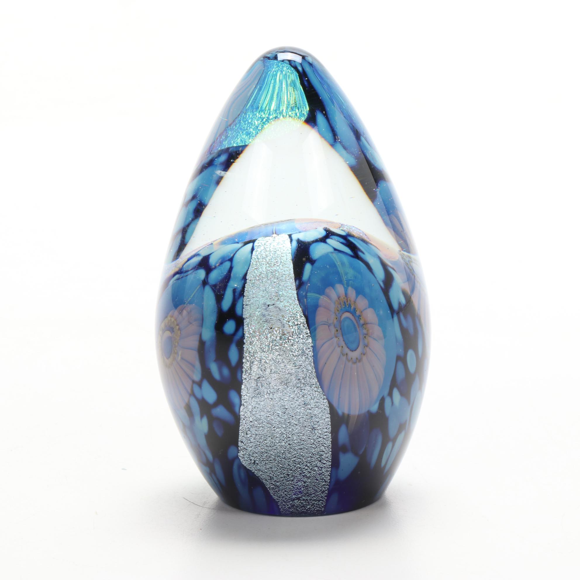Robert Eickholt "Deep Sea" and Pulled Feather Handblown Art Glass Paperweights